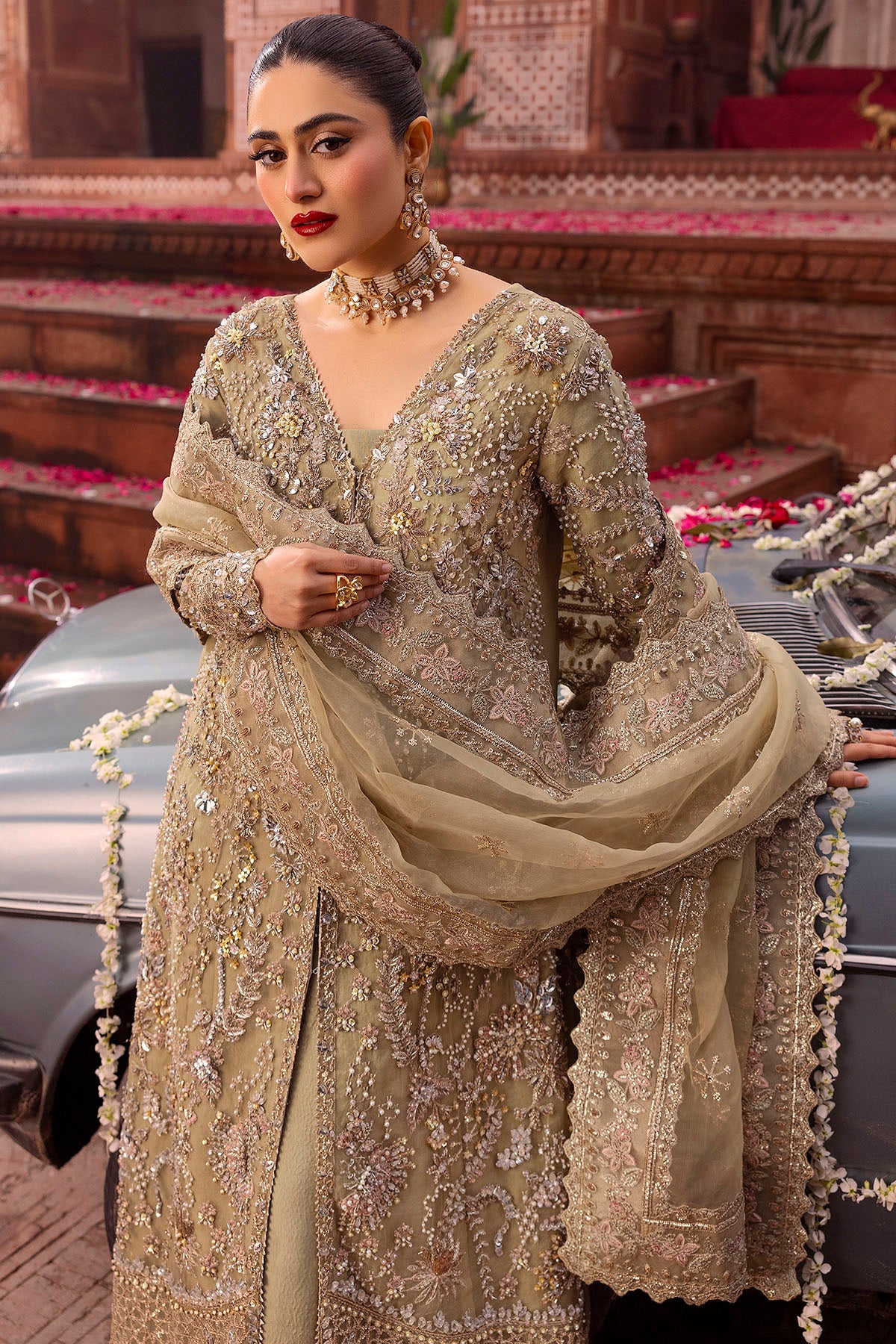 Olive Gold Embroidered Organza Jacket Set (3-Piece) - Image 4