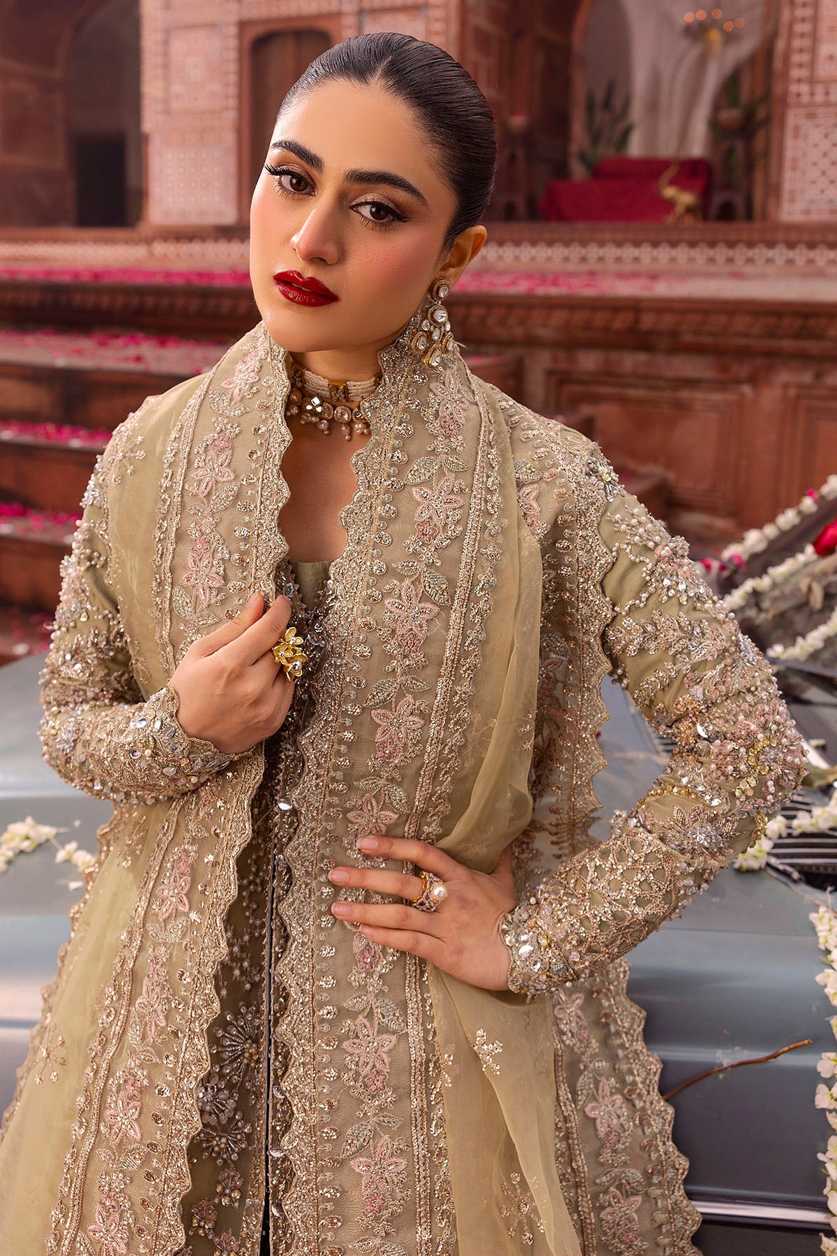 Olive Gold Embroidered Organza Jacket Set (3-Piece) - Image 5