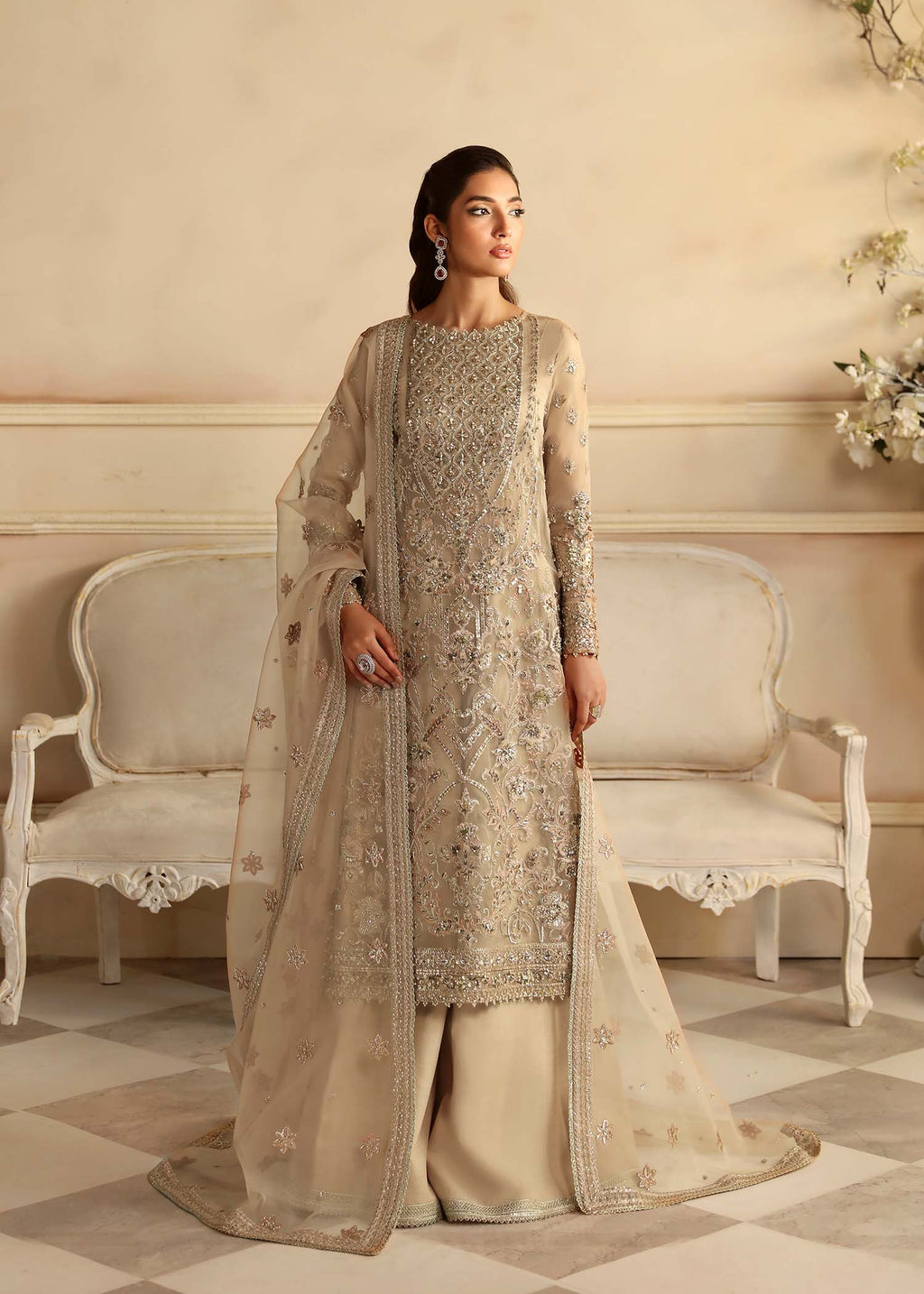 Pakistani Champagne Hand-Embellished Organza Salwar Kameez (3-Piece) - Image 1