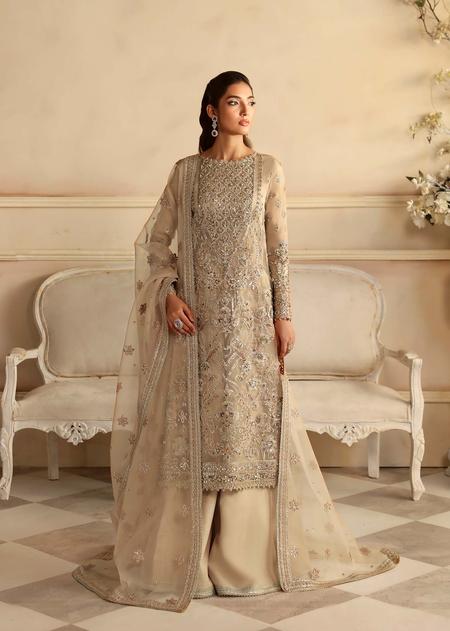 Pakistani Champagne Hand-Embellished Organza Salwar Kameez (3-Piece) - Image 2