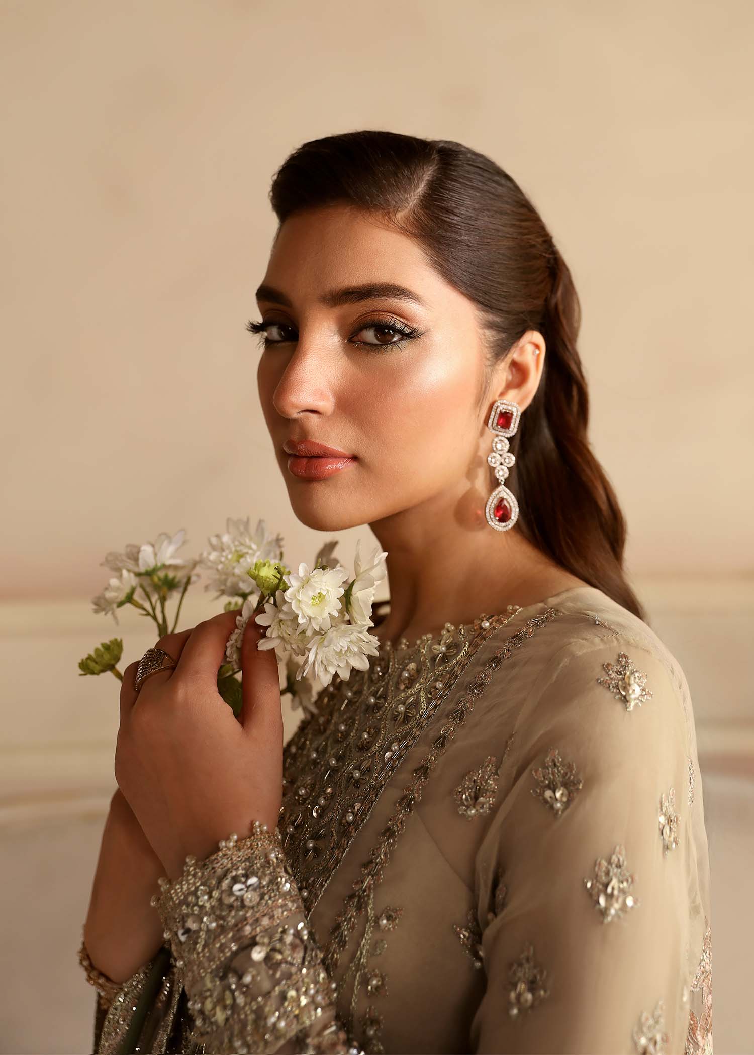 Pakistani Champagne Hand-Embellished Organza Salwar Kameez (3-Piece) - Image 6