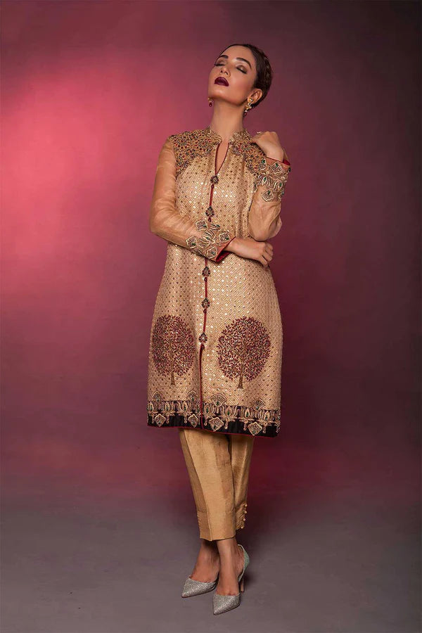 Gold Embroidered Organza Long Jacket Dress (2-Piece) - Image 1