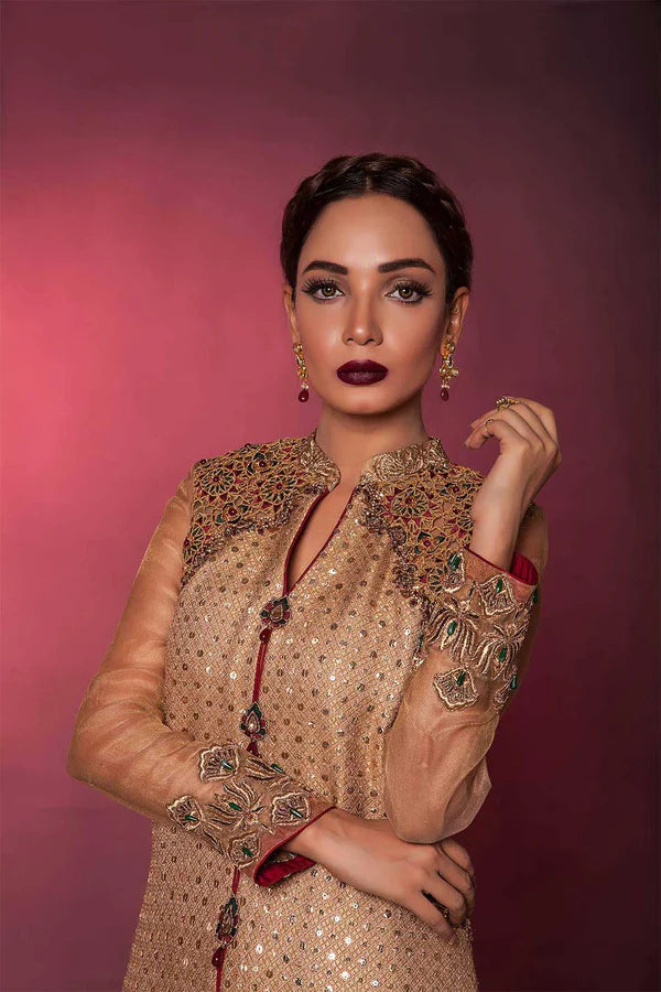 Gold Embroidered Organza Long Jacket Dress (2-Piece) - Image 2