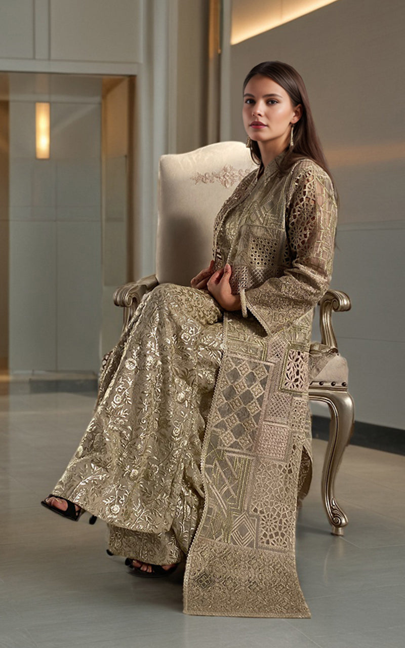 Pakistani Gold Zari Embroidered Organza Jacket Set (3-Piece) - Image 2