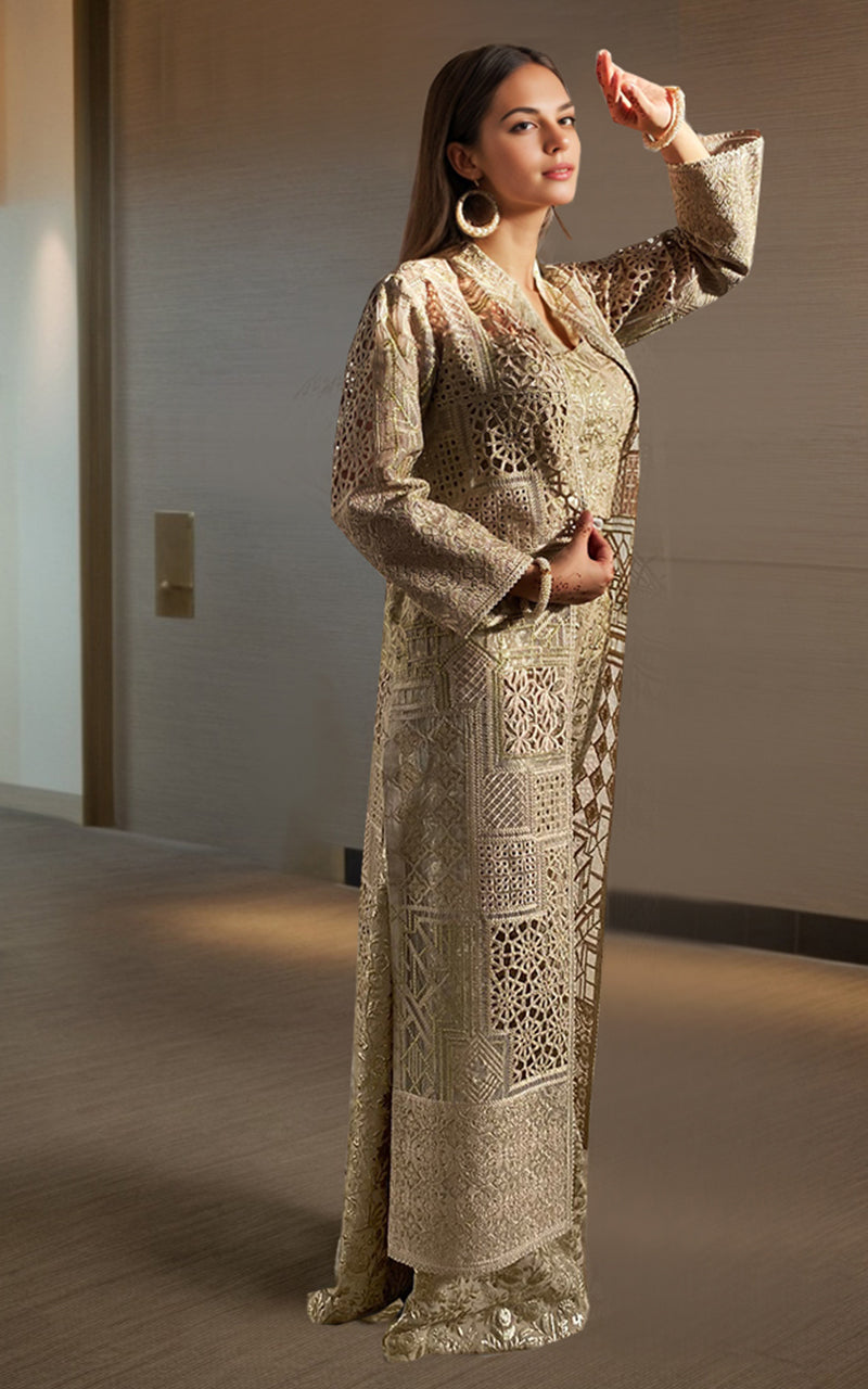 Pakistani Gold Zari Embroidered Organza Jacket Set (3-Piece) - Image 3