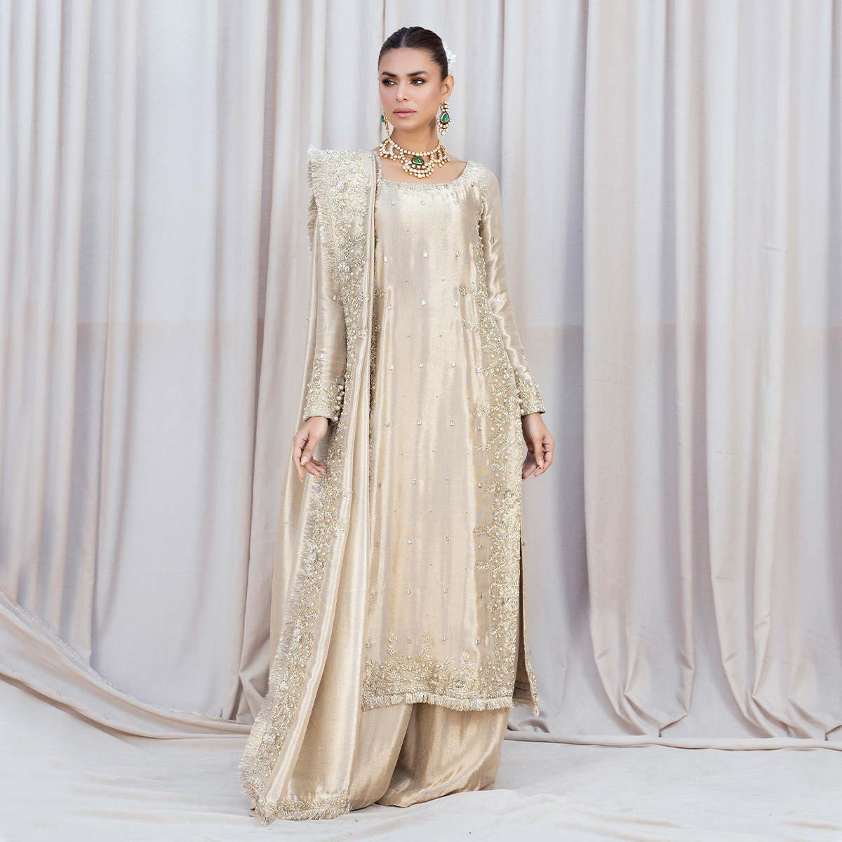 Gold Hand-Embellished Pure Tissue Salwar Kameez (4-Piece) - Image 1