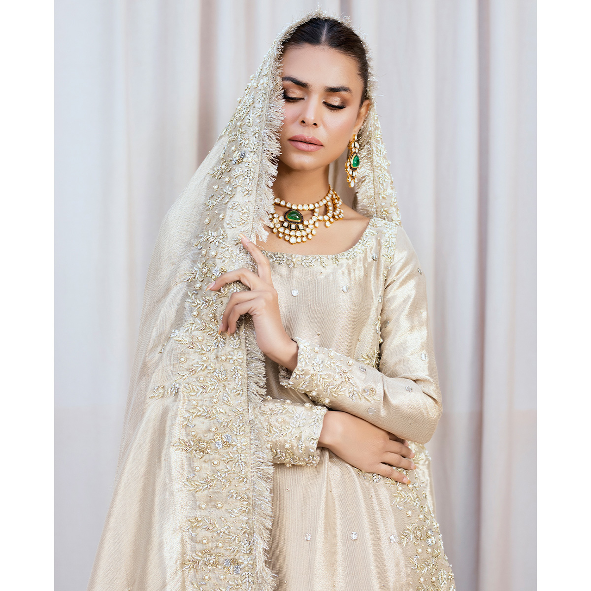 Gold Hand-Embellished Pure Tissue Salwar Kameez (4-Piece) - Image 2