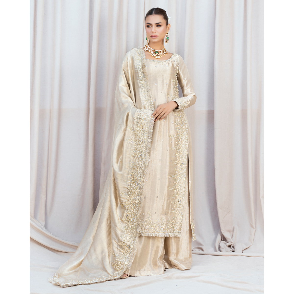 Gold Hand-Embellished Pure Tissue Salwar Kameez (4-Piece) - Image 3