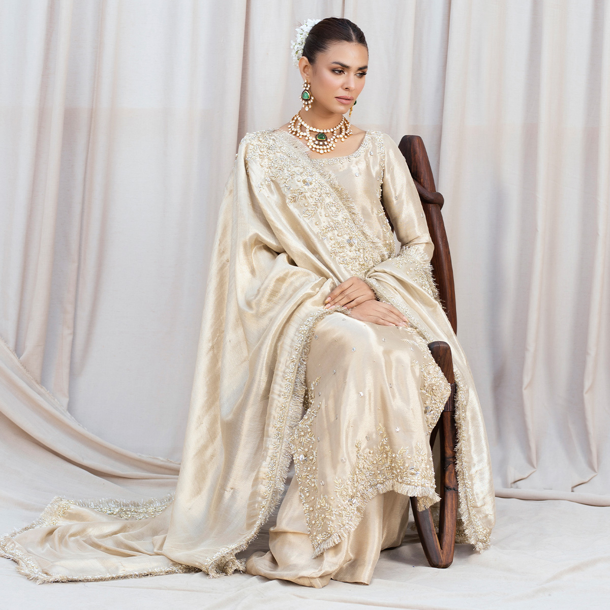 Gold Hand-Embellished Pure Tissue Salwar Kameez (4-Piece) - Image 4