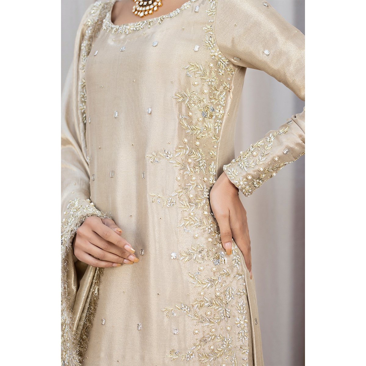 Gold Hand-Embellished Pure Tissue Salwar Kameez (4-Piece) - Image 5