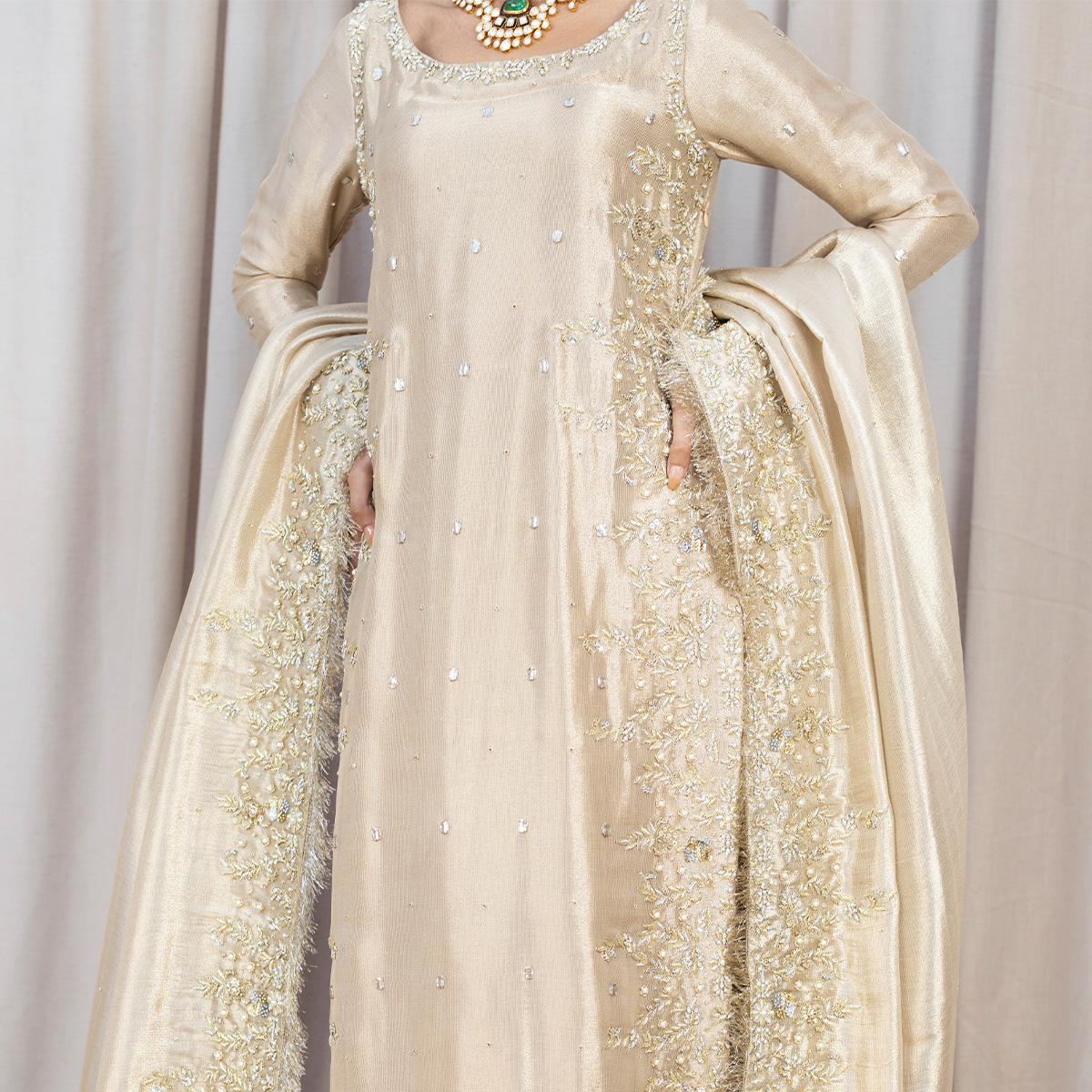 Gold Hand-Embellished Pure Tissue Salwar Kameez (4-Piece) - Image 6