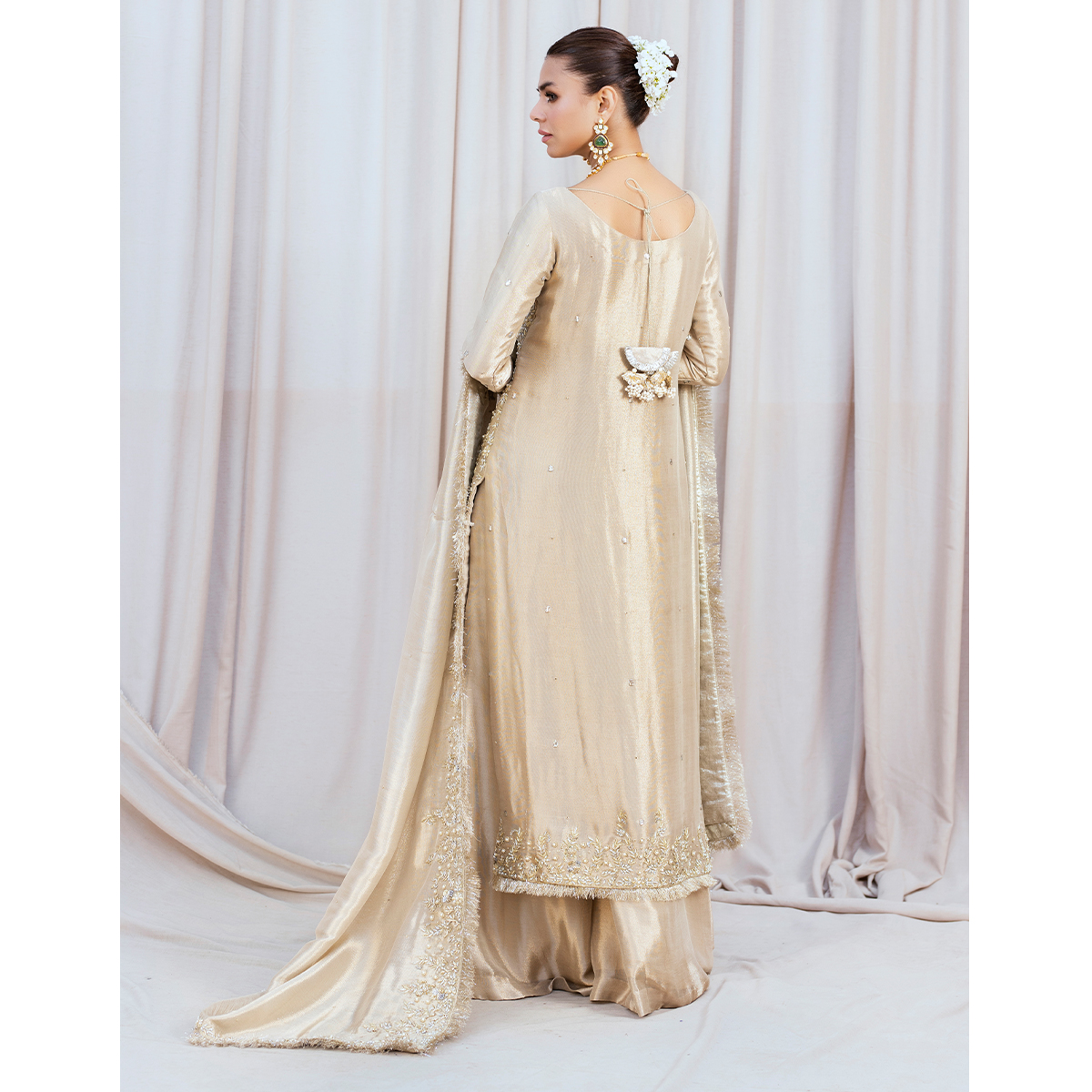 Gold Hand-Embellished Pure Tissue Salwar Kameez (4-Piece) - Image 7