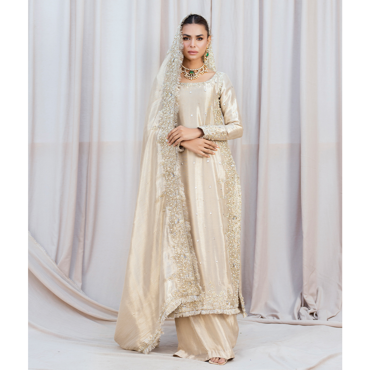 Gold Hand-Embellished Pure Tissue Salwar Kameez (4-Piece) - Image 8