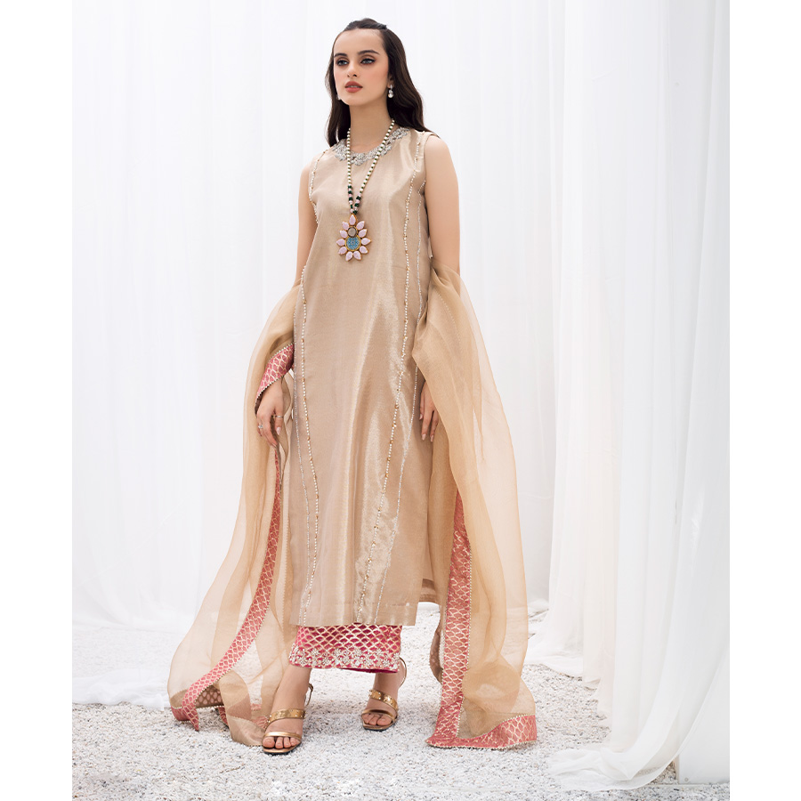 Pakistani Dull Gold Gota Tukri Pure Tissue Salwar Kameez (3-Piece) - Image 1