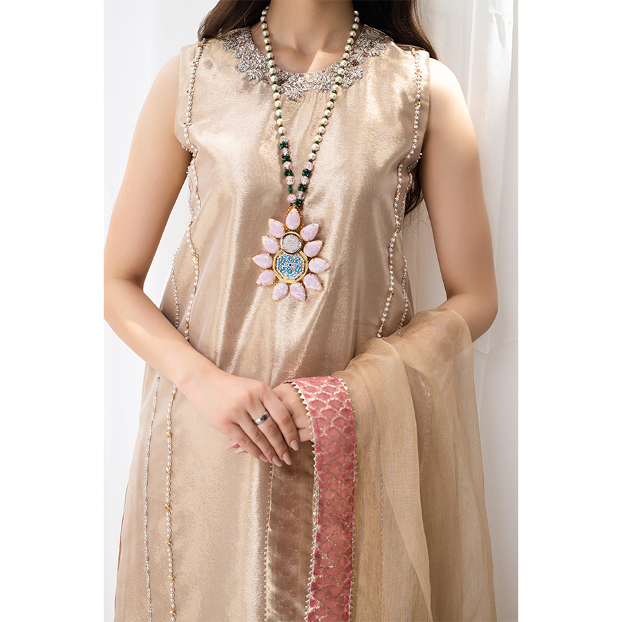 Pakistani Dull Gold Gota Tukri Pure Tissue Salwar Kameez (3-Piece) - Image 2