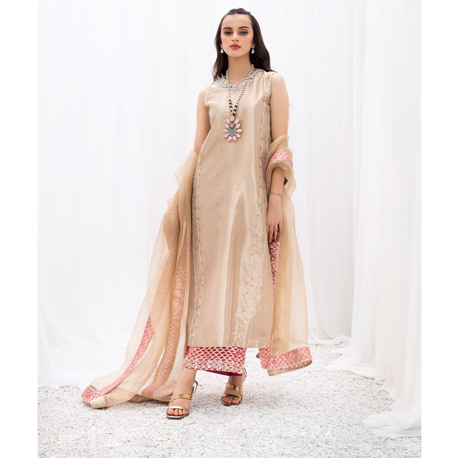 Pakistani Dull Gold Gota Tukri Pure Tissue Salwar Kameez (3-Piece) - Image 4