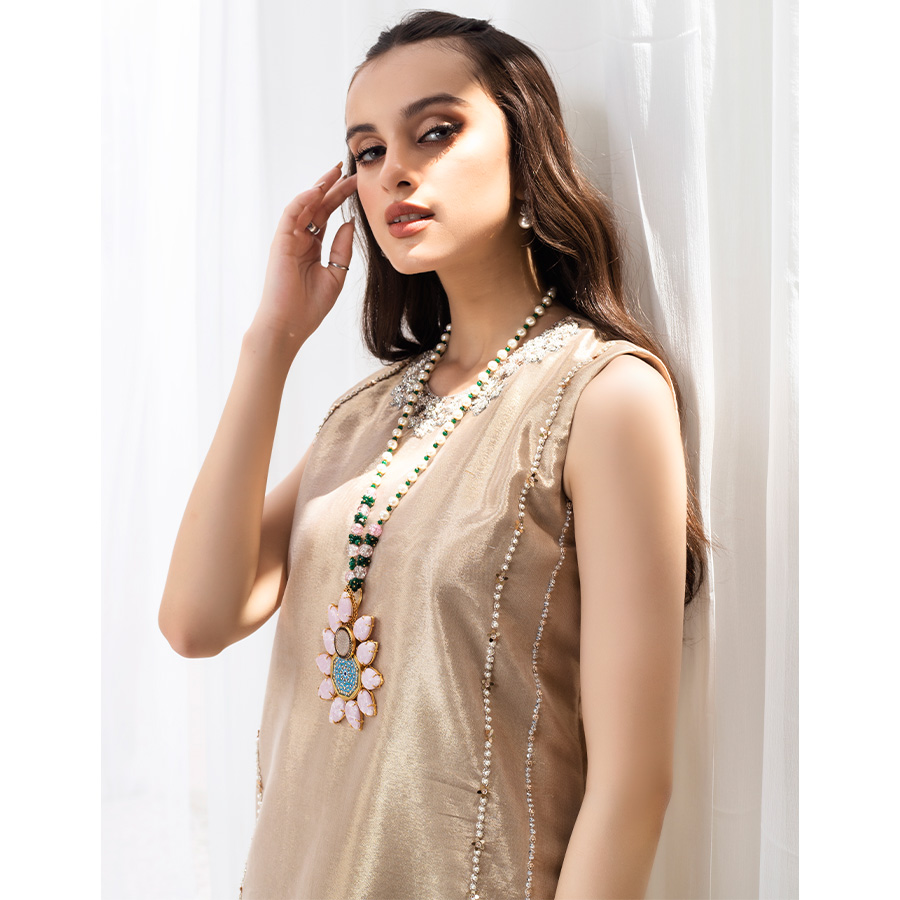 Pakistani Dull Gold Gota Tukri Pure Tissue Salwar Kameez (3-Piece) - Image 5