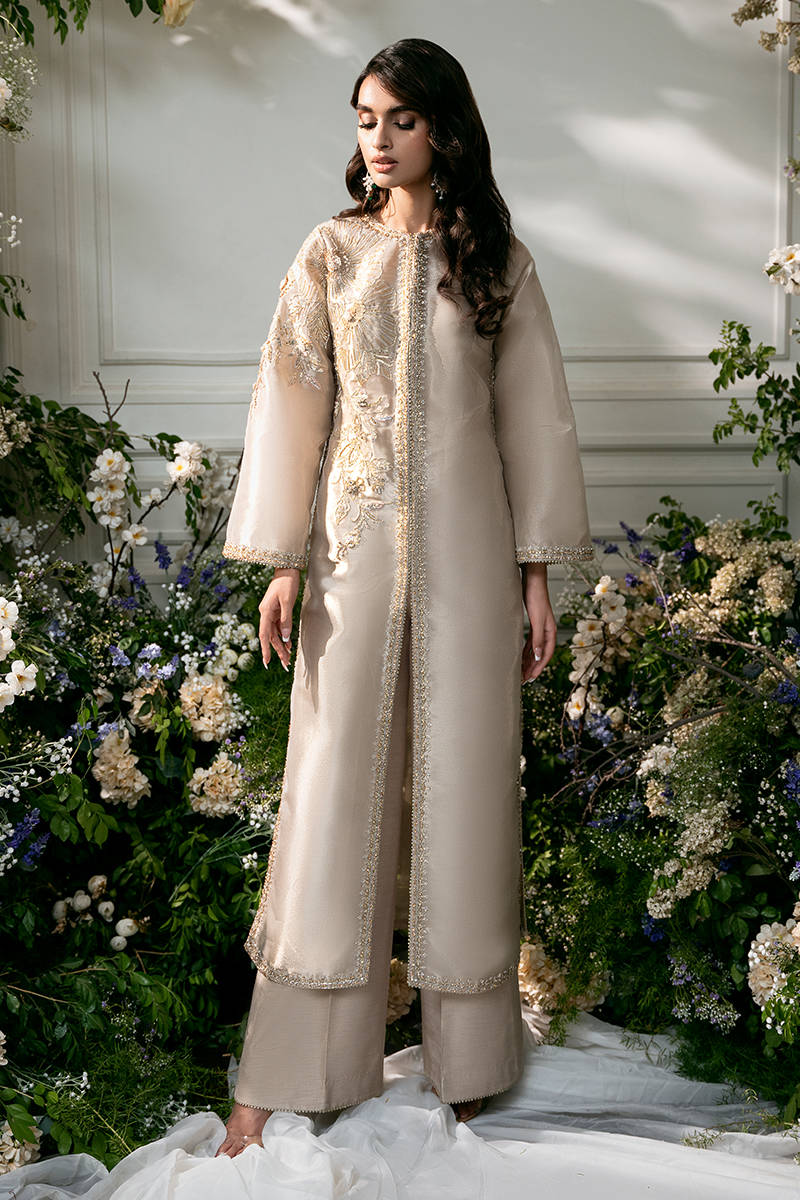 Pakistani Golden Hand-Embroidered Pure Tissue Jacket & Pants (2-Piece) - Image 1