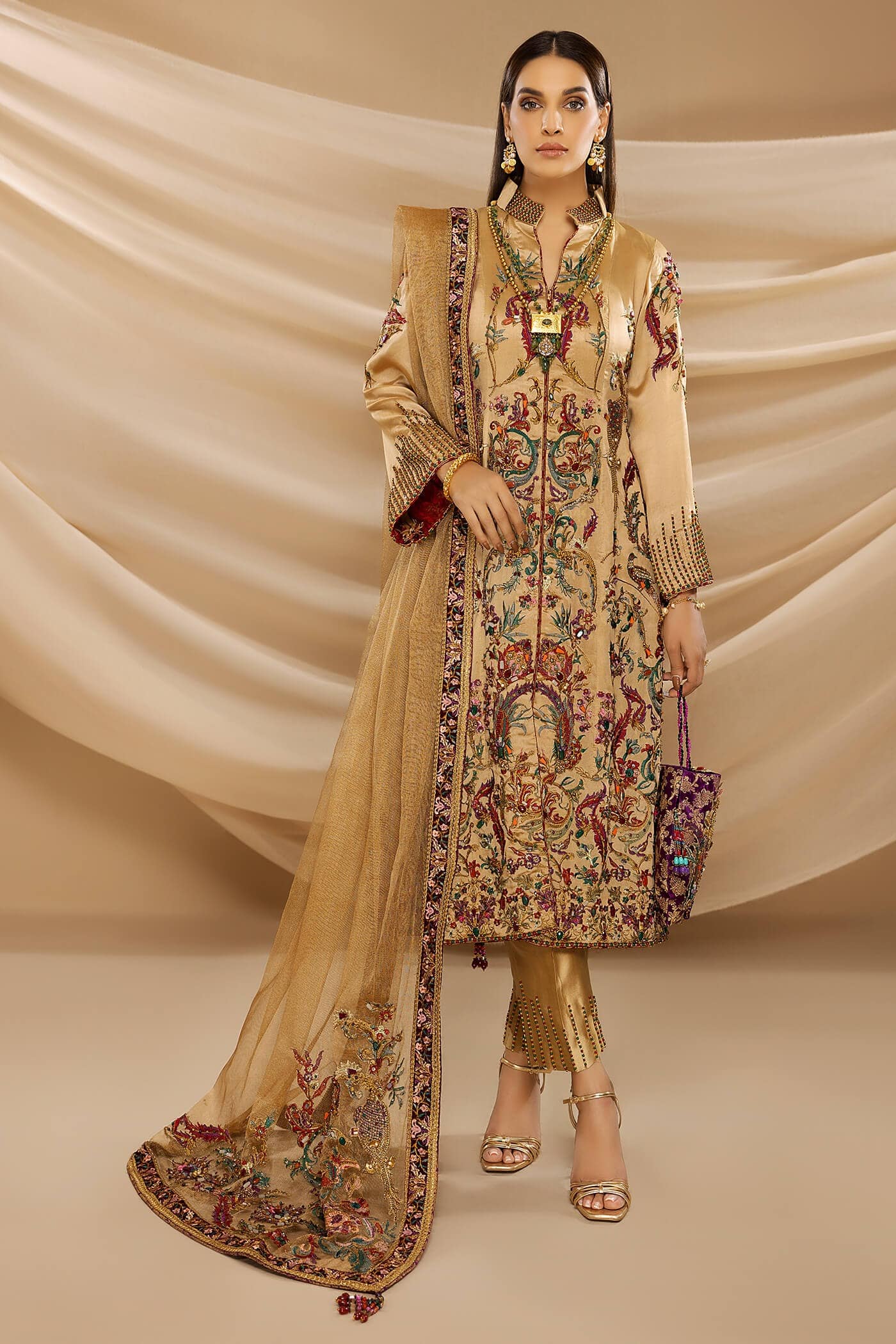 Royal Gold Embroidered Pure Tissue Salwar Kameez (3-Piece) - Image 1