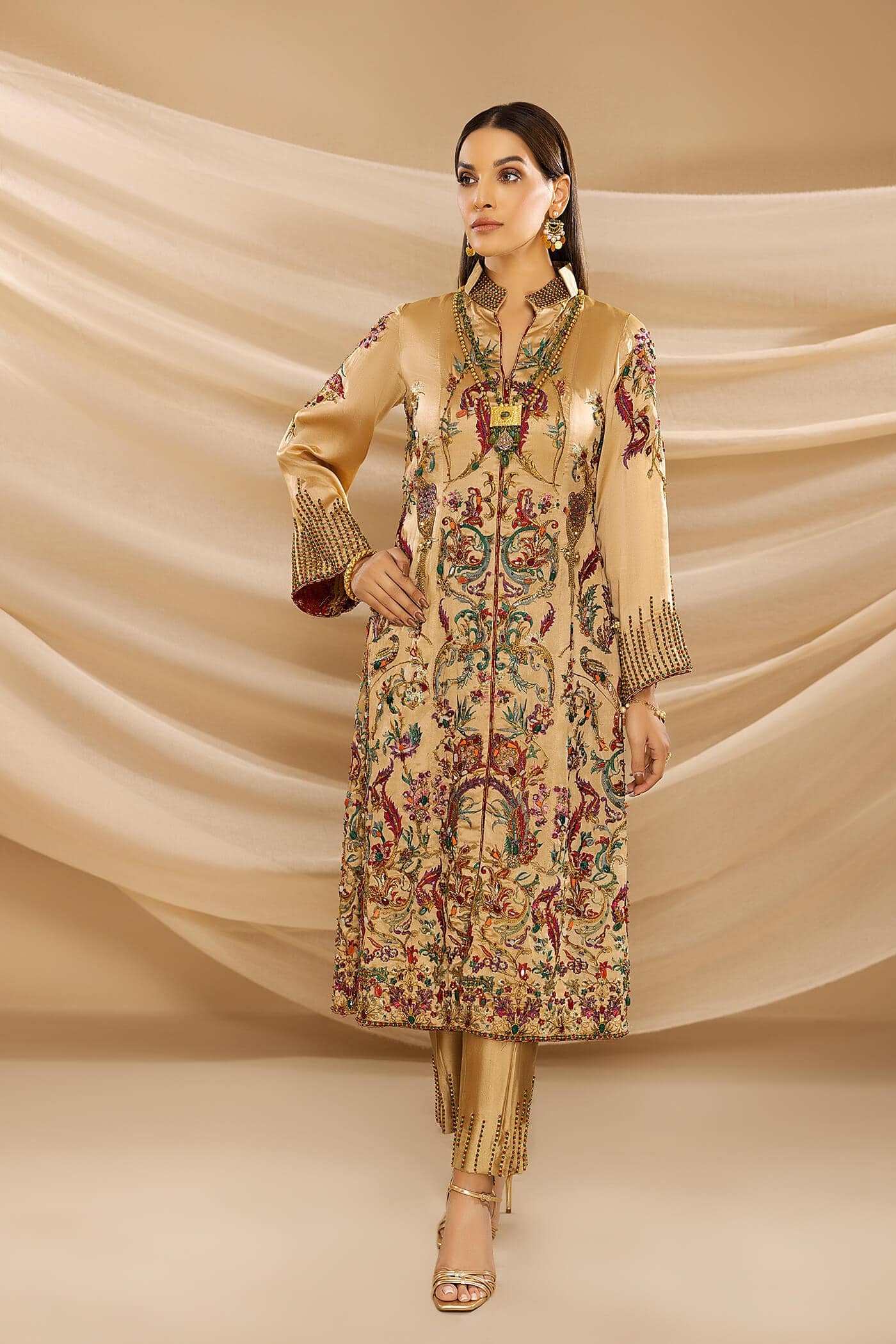 Royal Gold Embroidered Pure Tissue Salwar Kameez (3-Piece) - Image 2