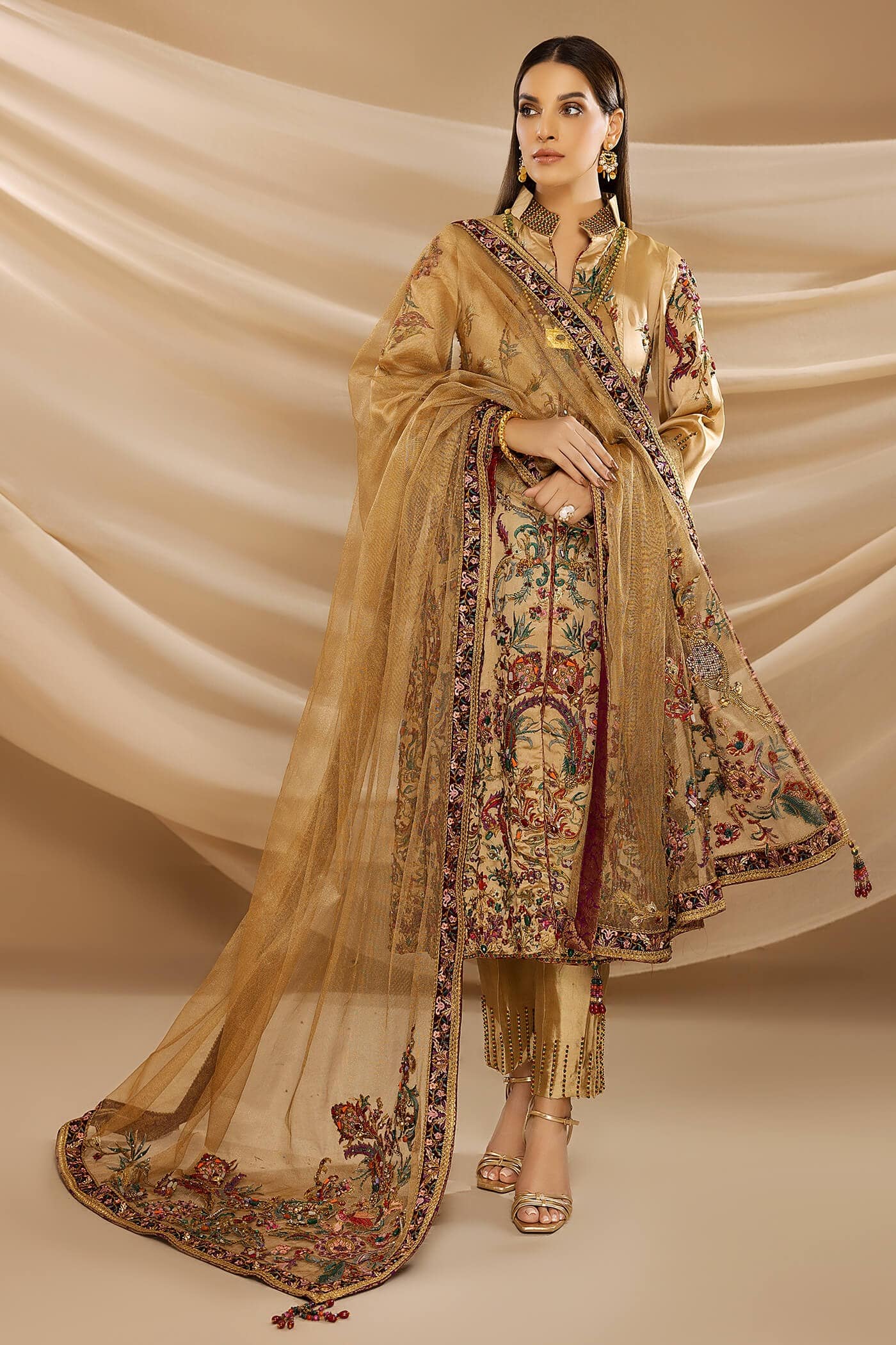 Royal Gold Embroidered Pure Tissue Salwar Kameez (3-Piece) - Image 3