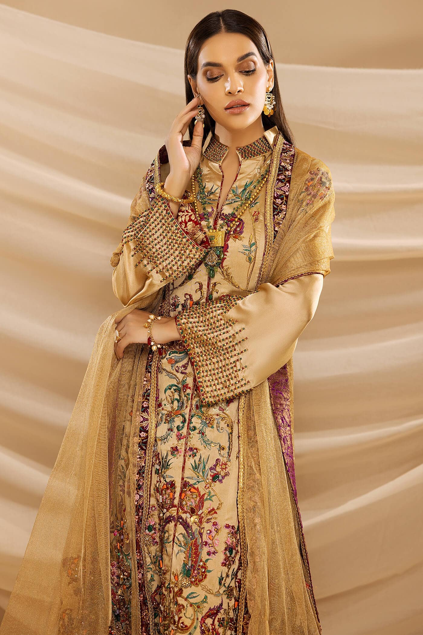 Royal Gold Embroidered Pure Tissue Salwar Kameez (3-Piece) - Image 4