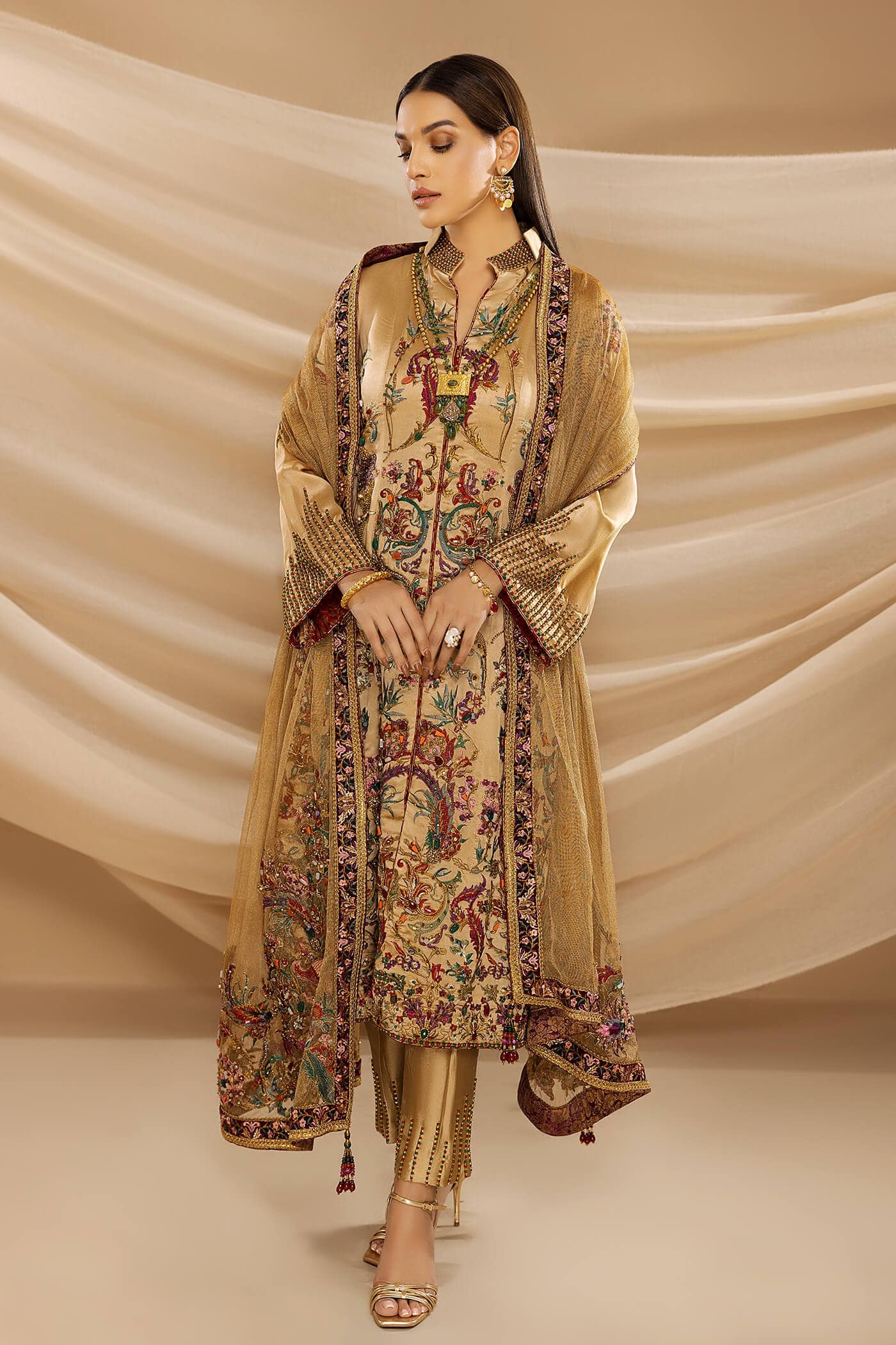 Royal Gold Embroidered Pure Tissue Salwar Kameez (3-Piece) - Image 5