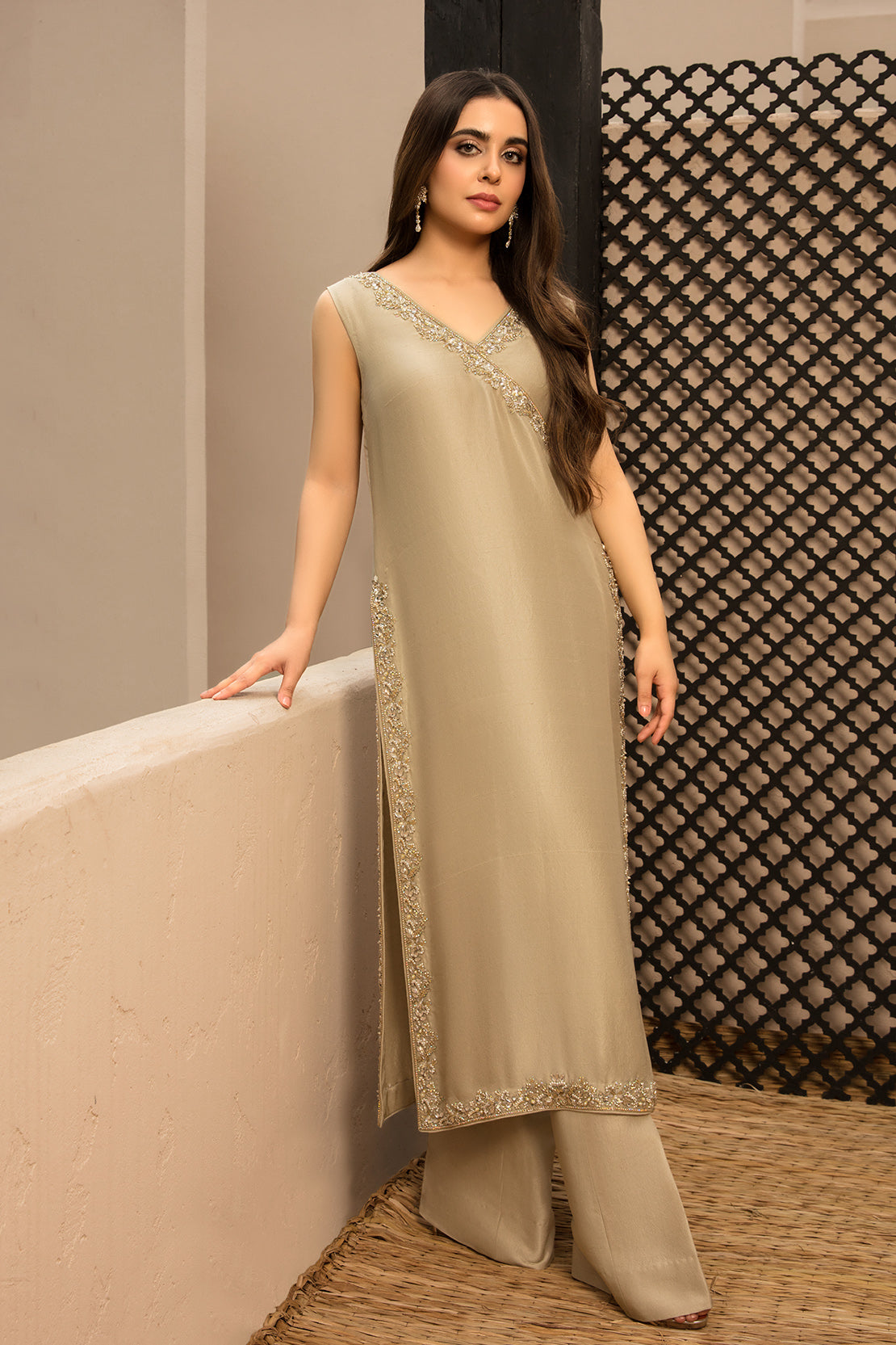 Muted Gold Embellished Raw Silk Salwar Kameez (3-Piece) - Image 1