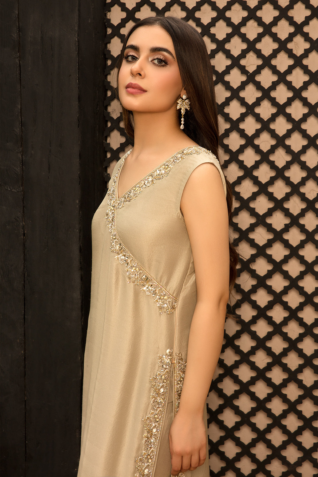 Muted Gold Embellished Raw Silk Salwar Kameez (3-Piece) - Image 3