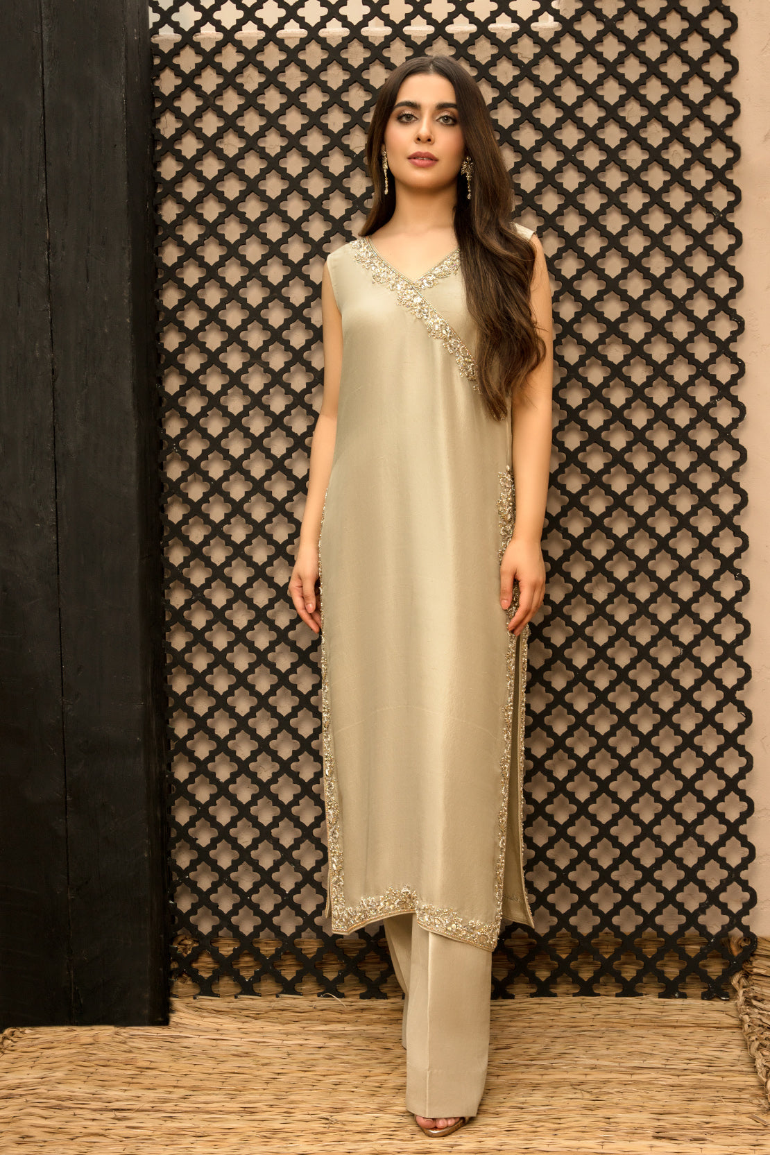 Muted Gold Embellished Raw Silk Salwar Kameez (3-Piece) - Image 4