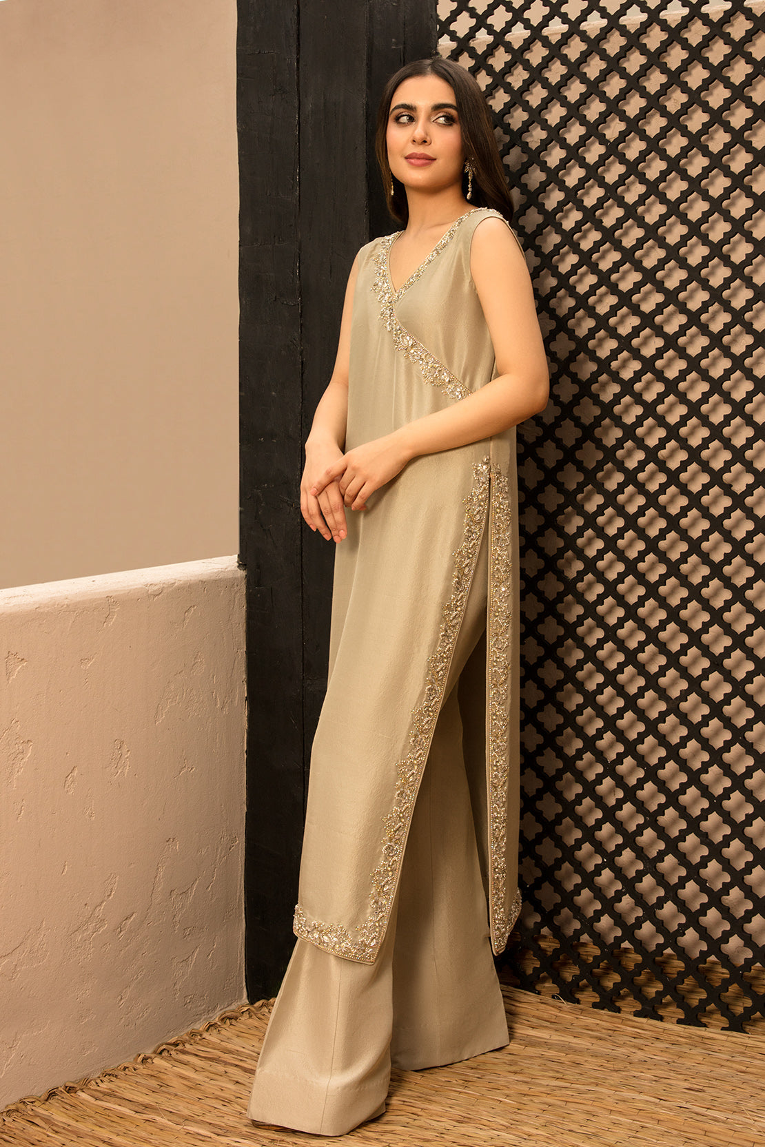 Muted Gold Embellished Raw Silk Salwar Kameez (3-Piece) - Image 5