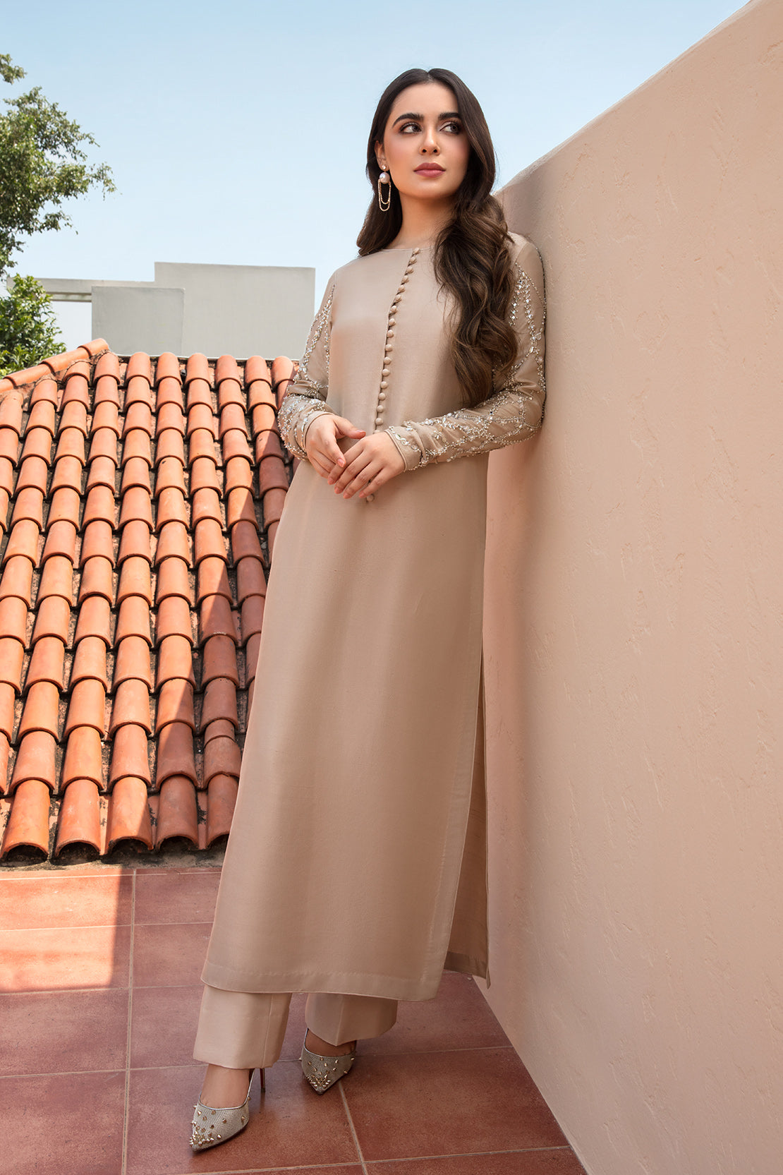 Pakistani Champagne Embellished Raw Silk Salwar Kameez (3-Piece) - Image 3