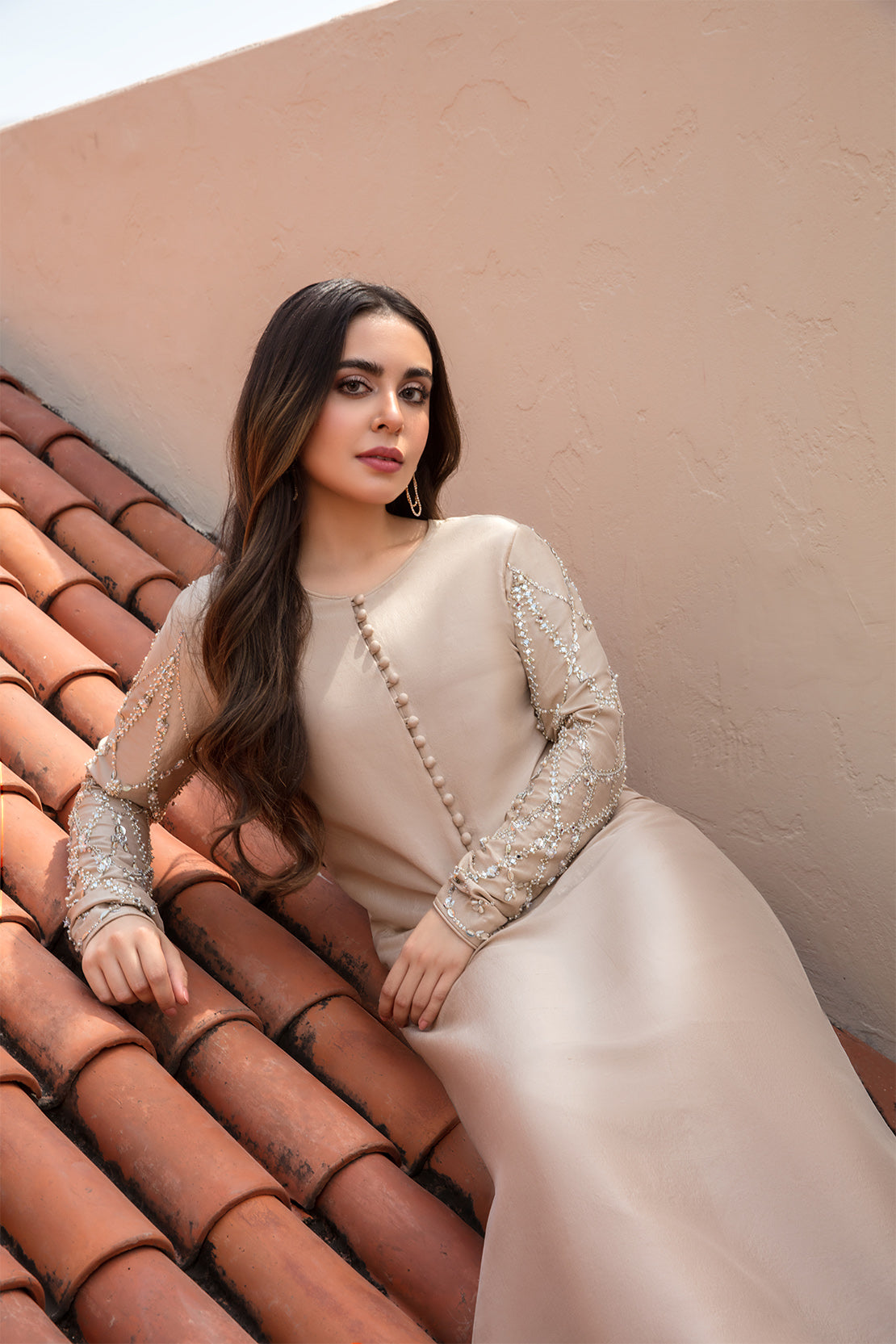 Pakistani Champagne Embellished Raw Silk Salwar Kameez (3-Piece) - Image 6