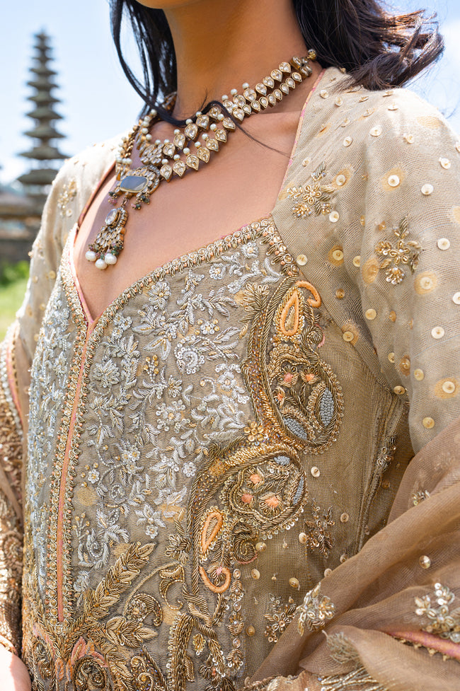 Antique Gold Embroidered Cotton-Net & Raw Silk Salwar Kameez (3-Piece) - Image 4