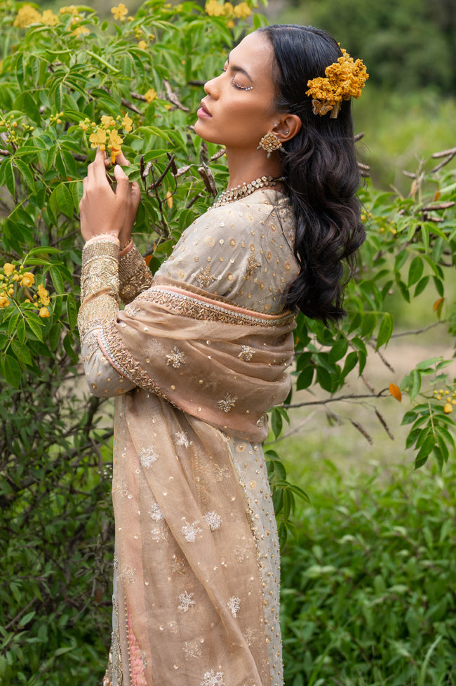 Antique Gold Embroidered Cotton-Net & Raw Silk Salwar Kameez (3-Piece) - Image 5