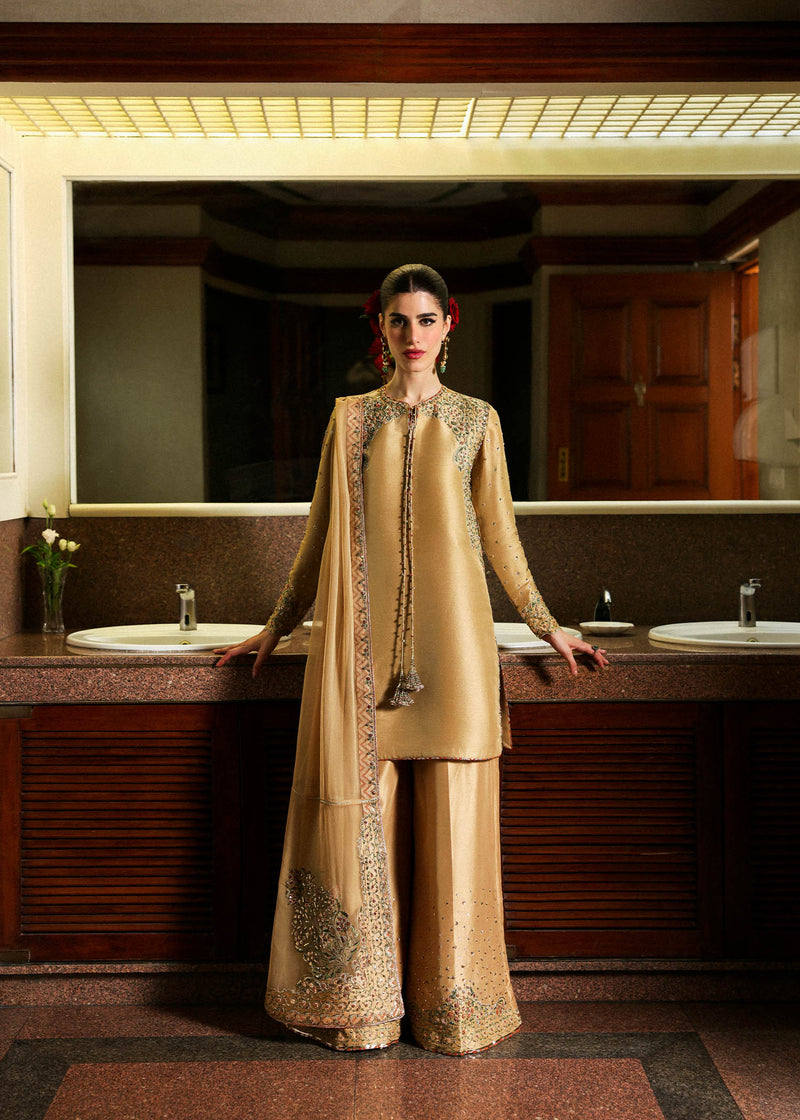 Pakistani Gold Embroidered Raw Silk Salwar Kameez (3-Piece) - Image 1
