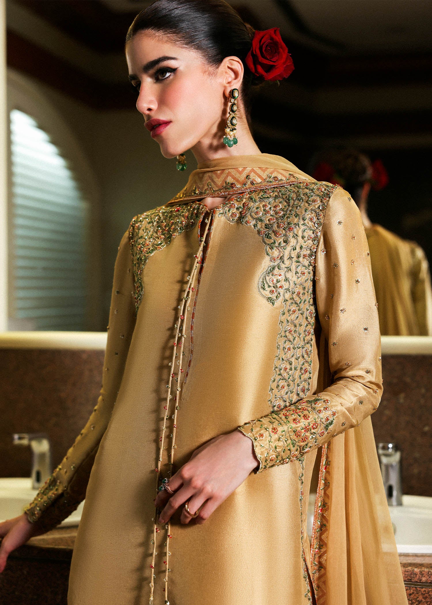 Pakistani Gold Embroidered Raw Silk Salwar Kameez (3-Piece) - Image 3