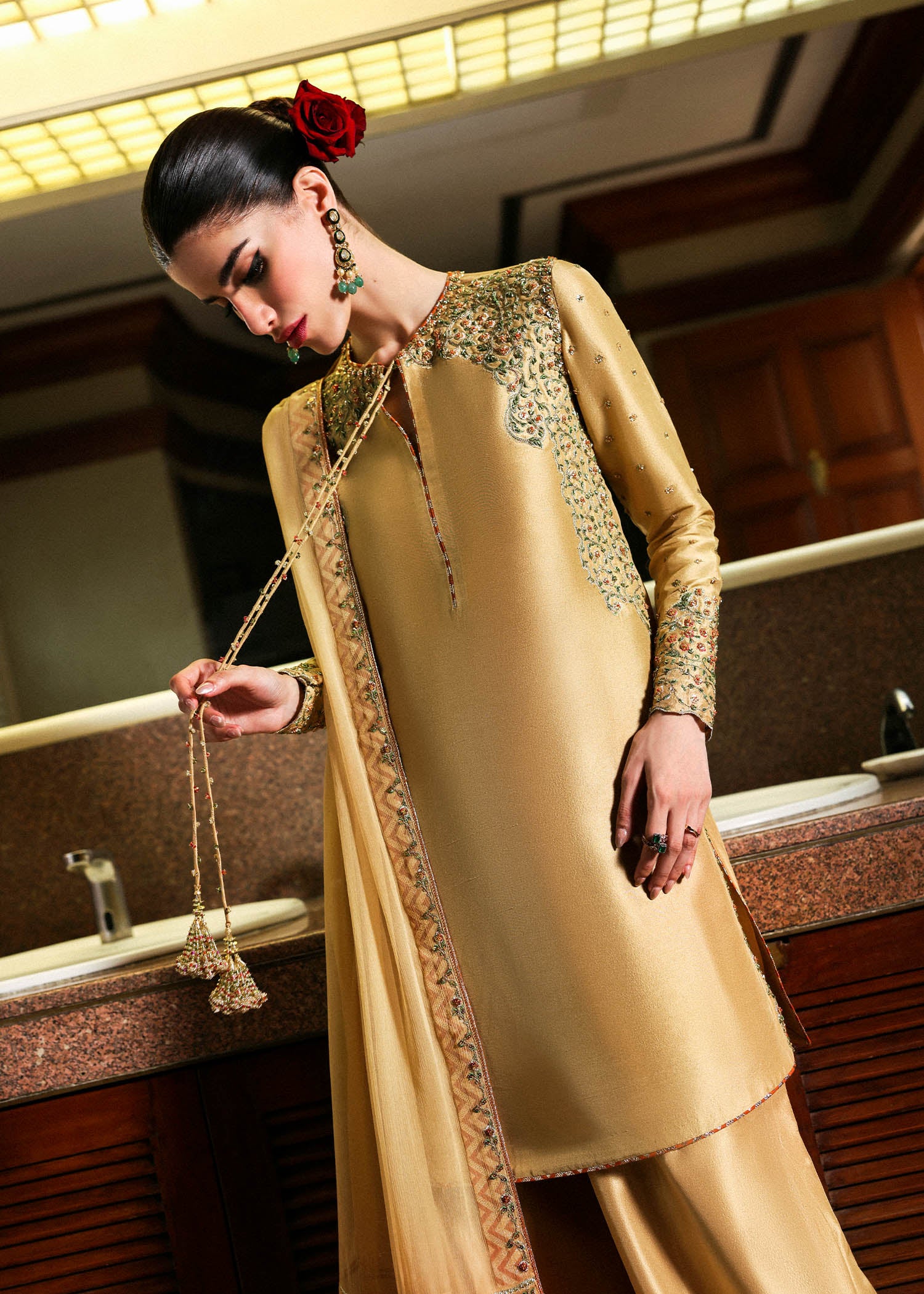 Pakistani Gold Embroidered Raw Silk Salwar Kameez (3-Piece) - Image 4