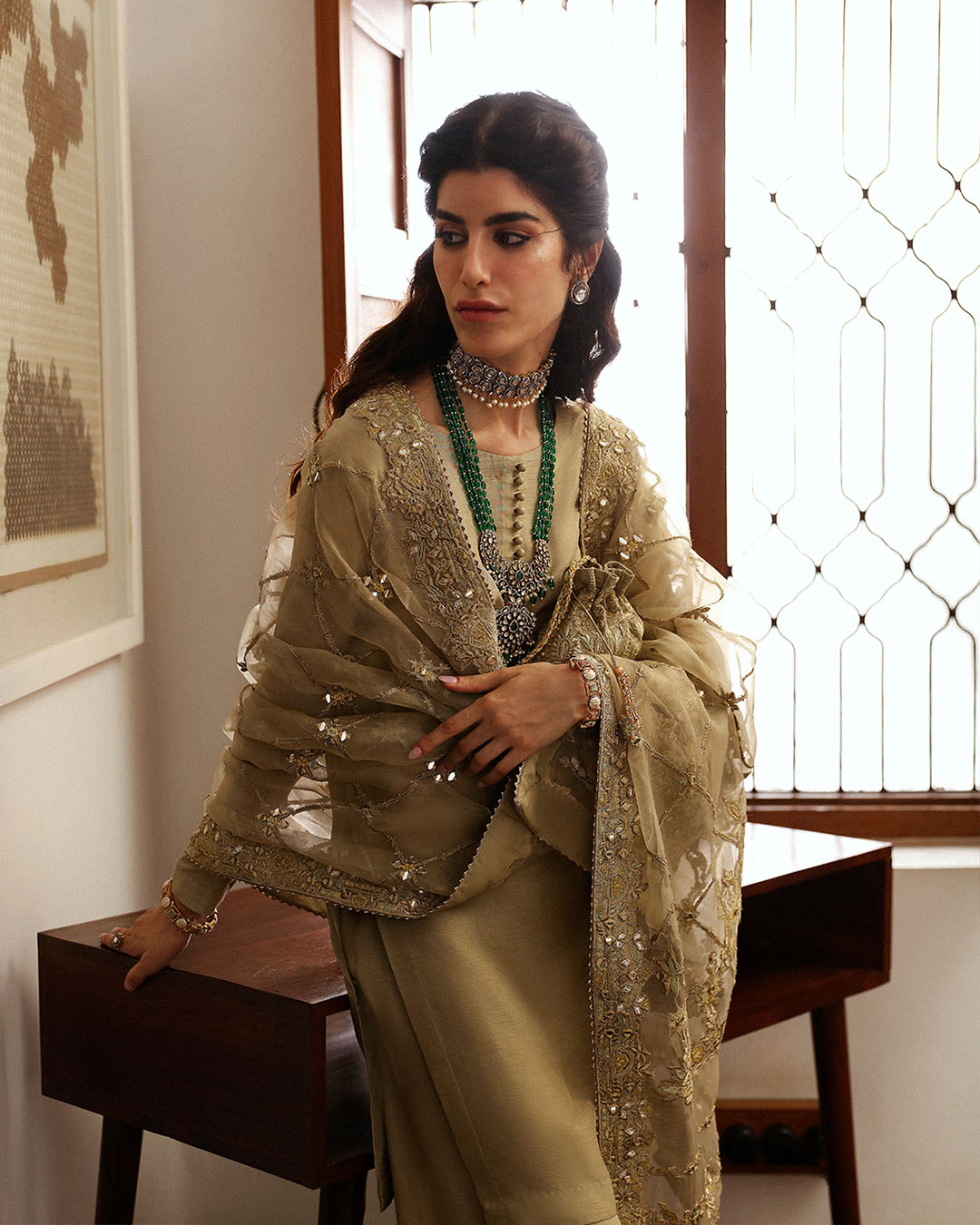 Gold Embroidered Korean Raw Silk Salwar Kameez (3-Piece) - Image 2