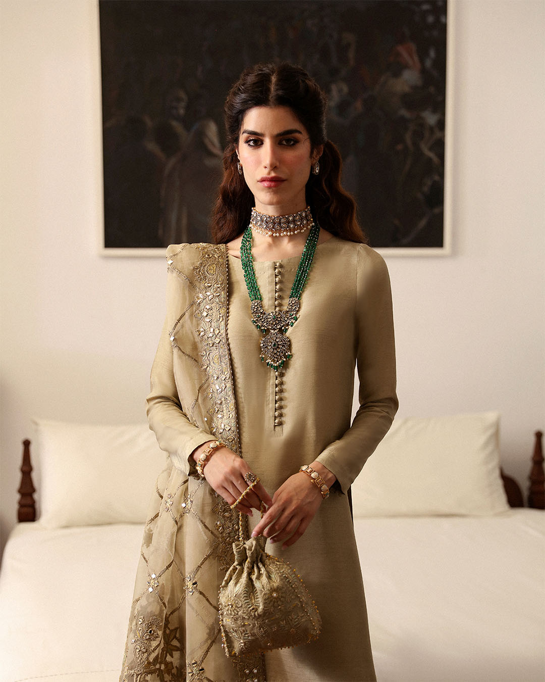 Gold Embroidered Korean Raw Silk Salwar Kameez (3-Piece) - Image 3