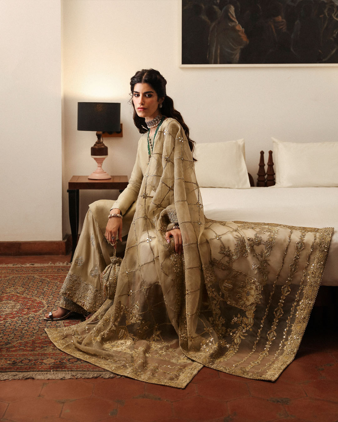 Gold Embroidered Korean Raw Silk Salwar Kameez (3-Piece) - Image 4