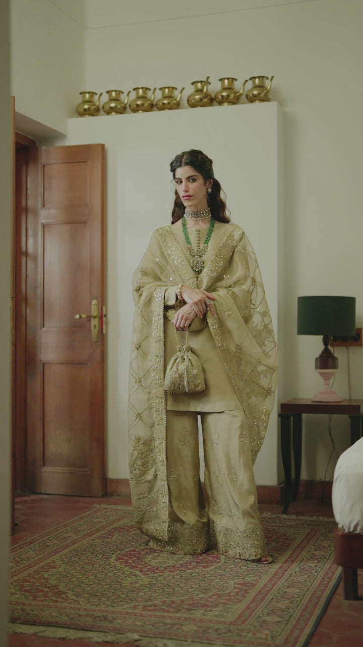 Gold Embroidered Korean Raw Silk Salwar Kameez (3-Piece) - Image 7