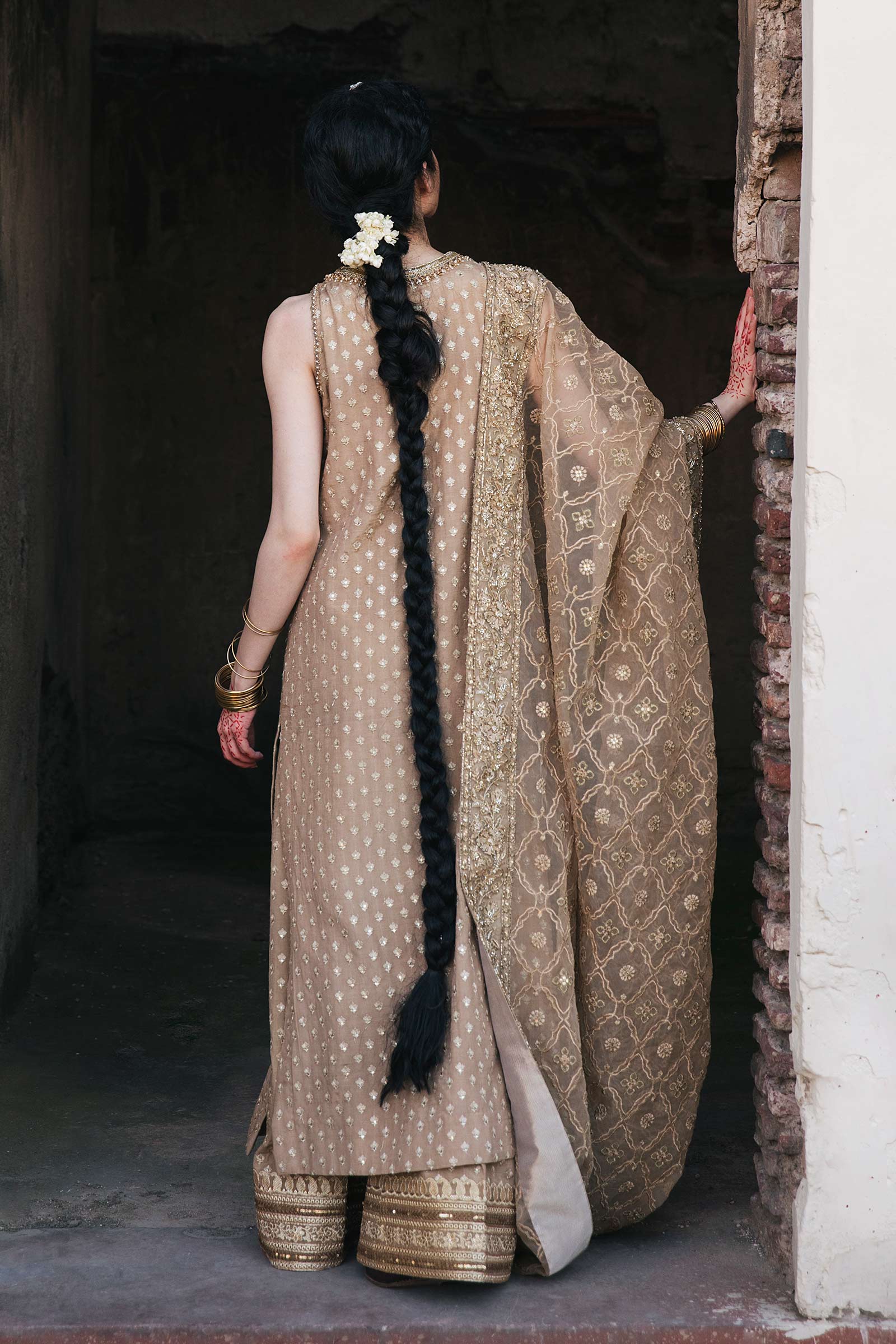 Golden Embroidered Bamber Raw Silk Salwar Kameez (3-Piece) - Image 3