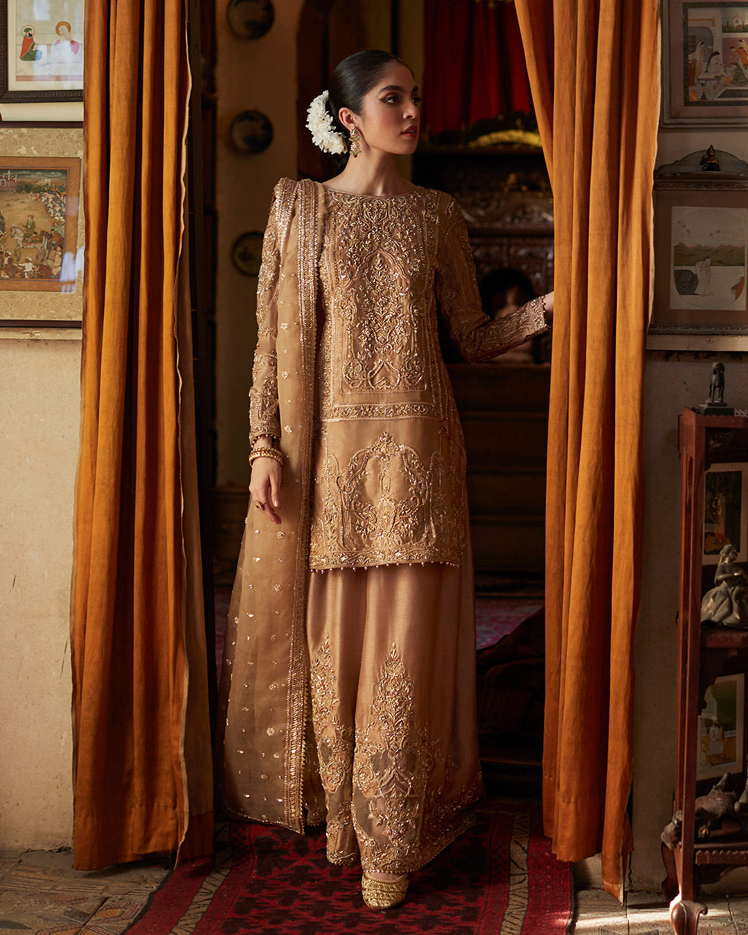 Pakistani Gold Copper Embroidered Raw Silk Salwar Kameez (3-Piece) - Image 1