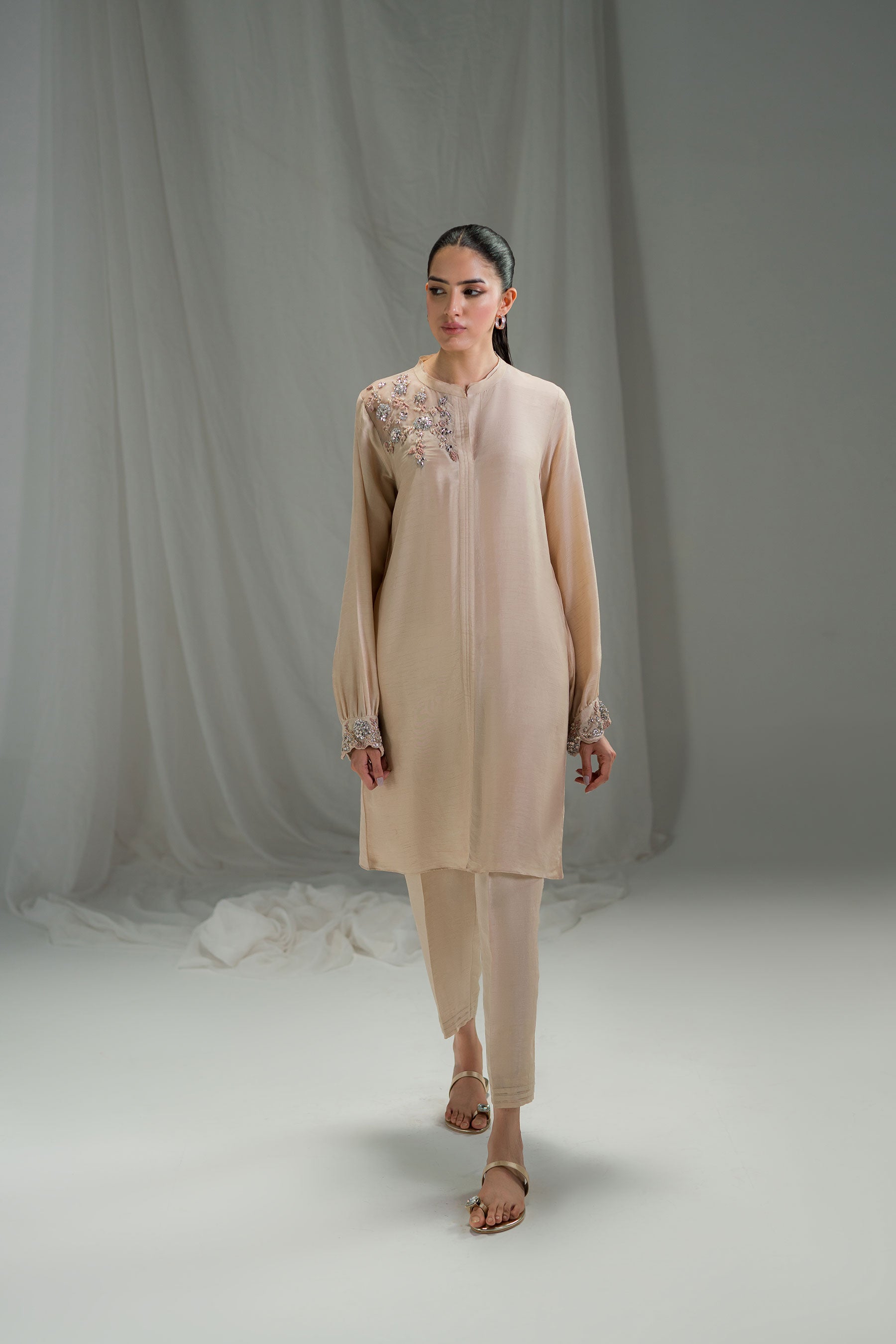 Pakistani Champagne Embellished Pure Raw Silk Co-ord Set (2-Piece) - Image 1
