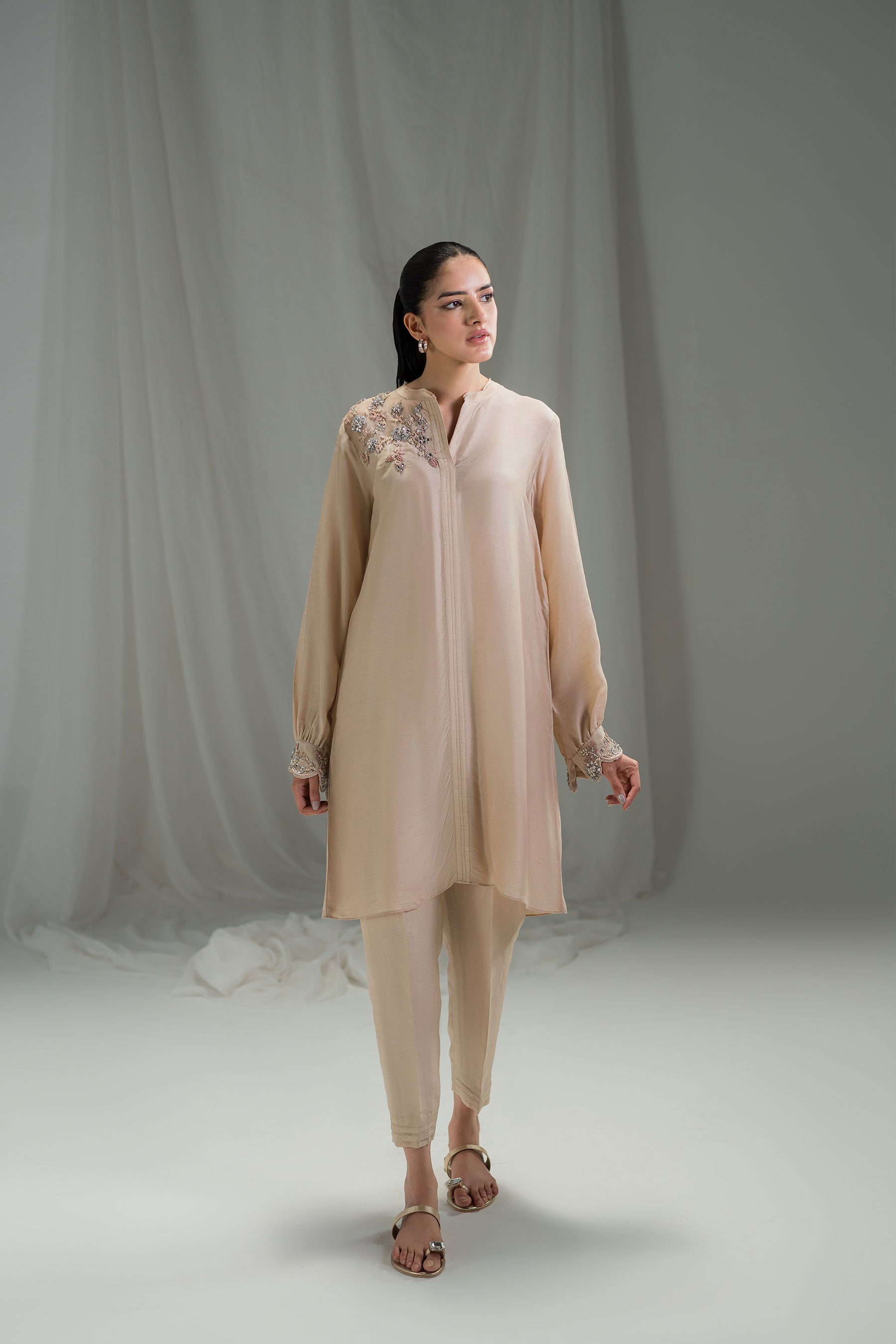 Pakistani Champagne Embellished Pure Raw Silk Co-ord Set (2-Piece) - Image 2