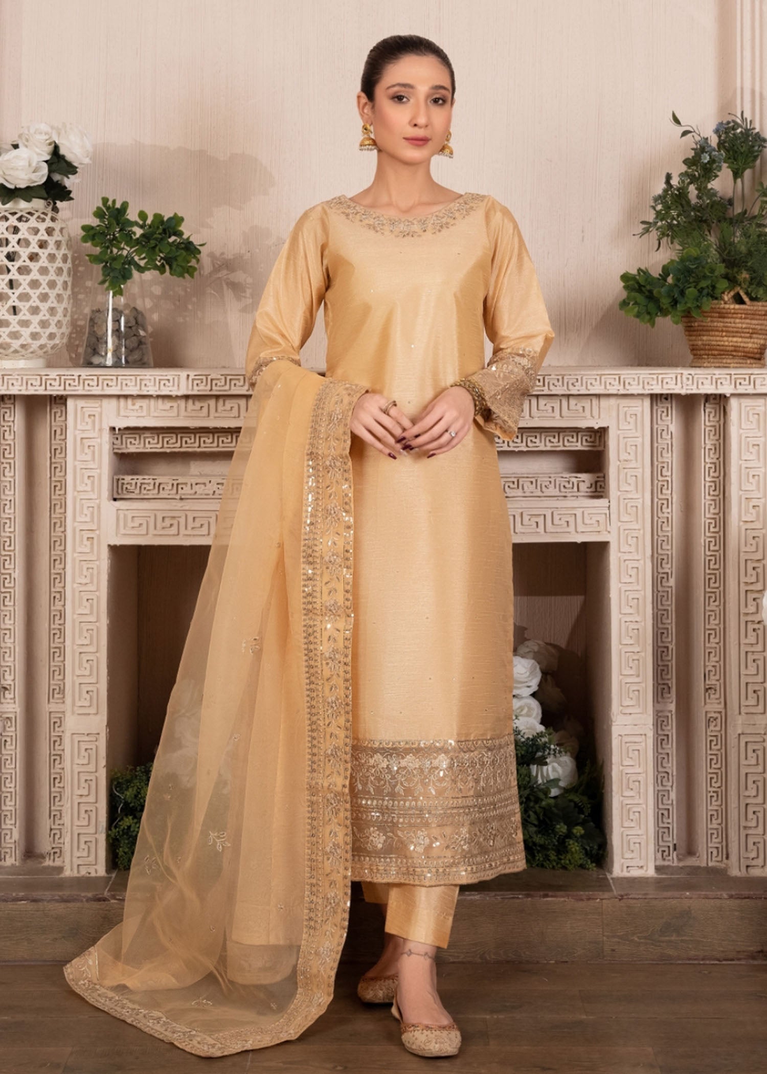 Pakistani Gold Embroidered Raw Silk Kurta Set (3-Piece) - Image 1
