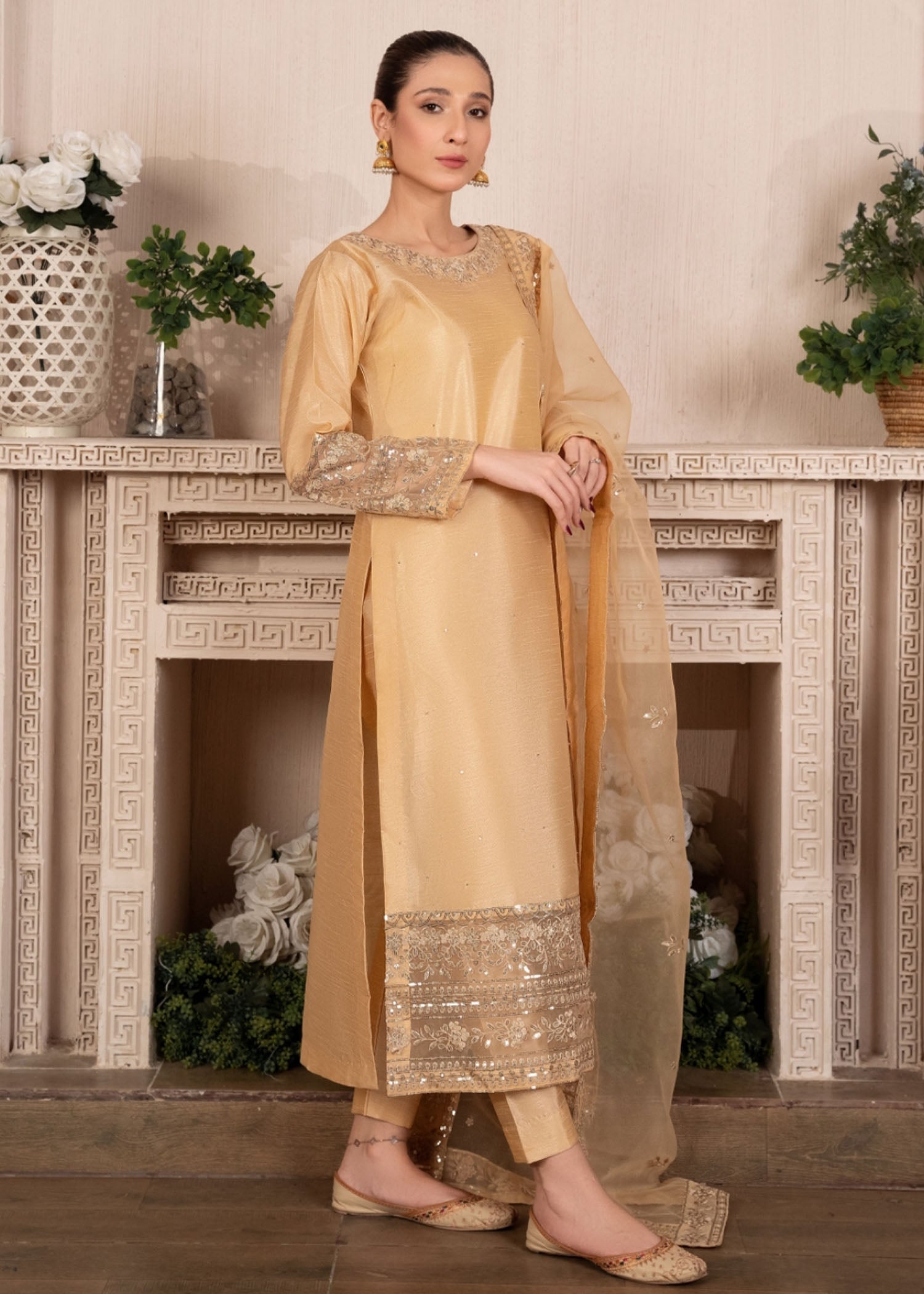 Pakistani Gold Embroidered Raw Silk Kurta Set (3-Piece) - Image 2