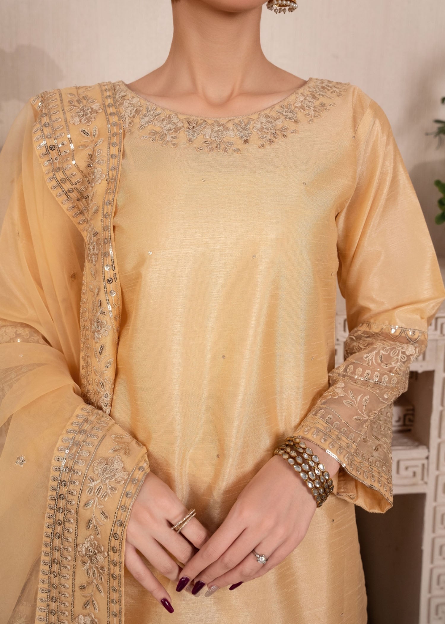 Pakistani Gold Embroidered Raw Silk Kurta Set (3-Piece) - Image 3