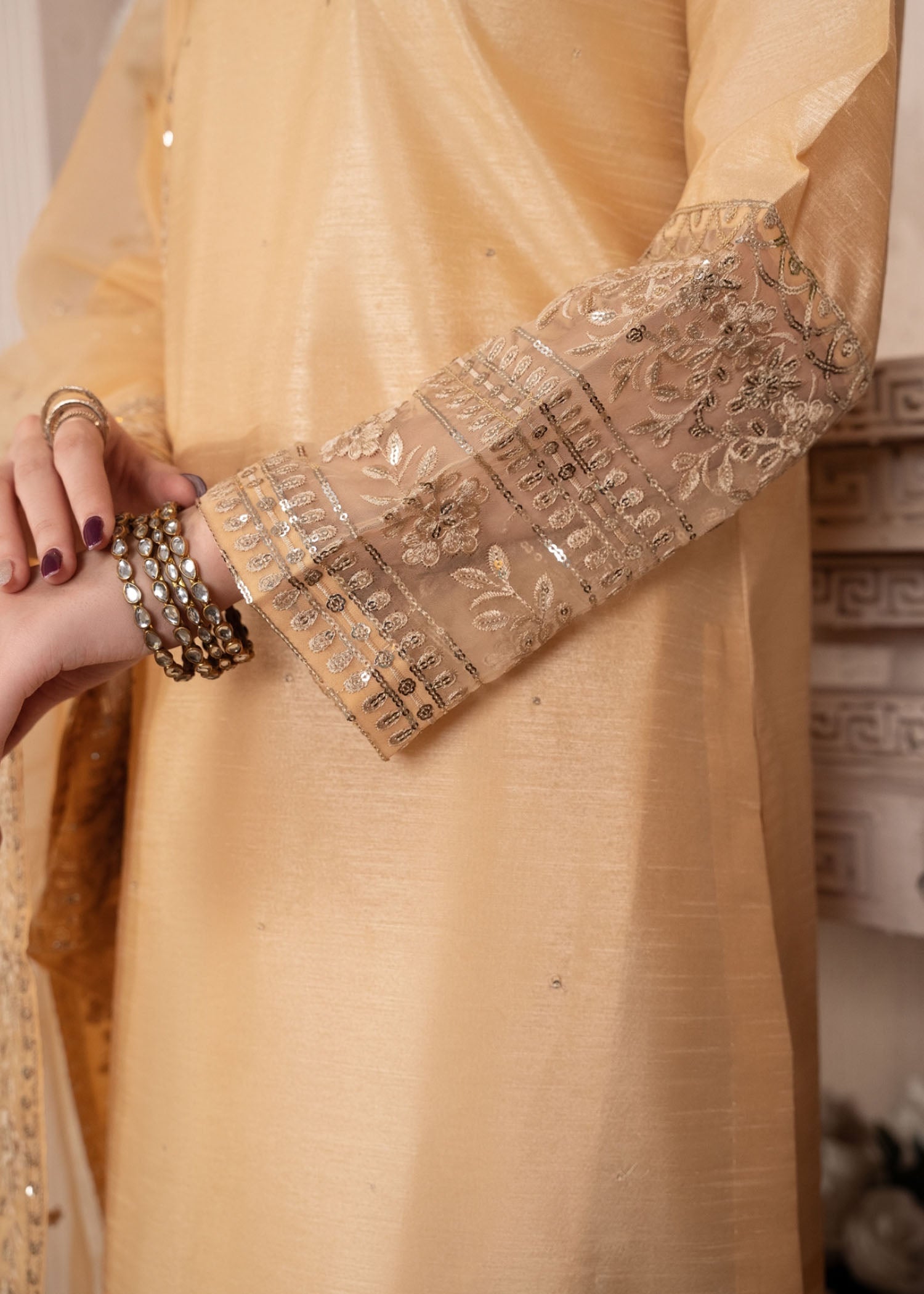 Pakistani Gold Embroidered Raw Silk Kurta Set (3-Piece) - Image 4